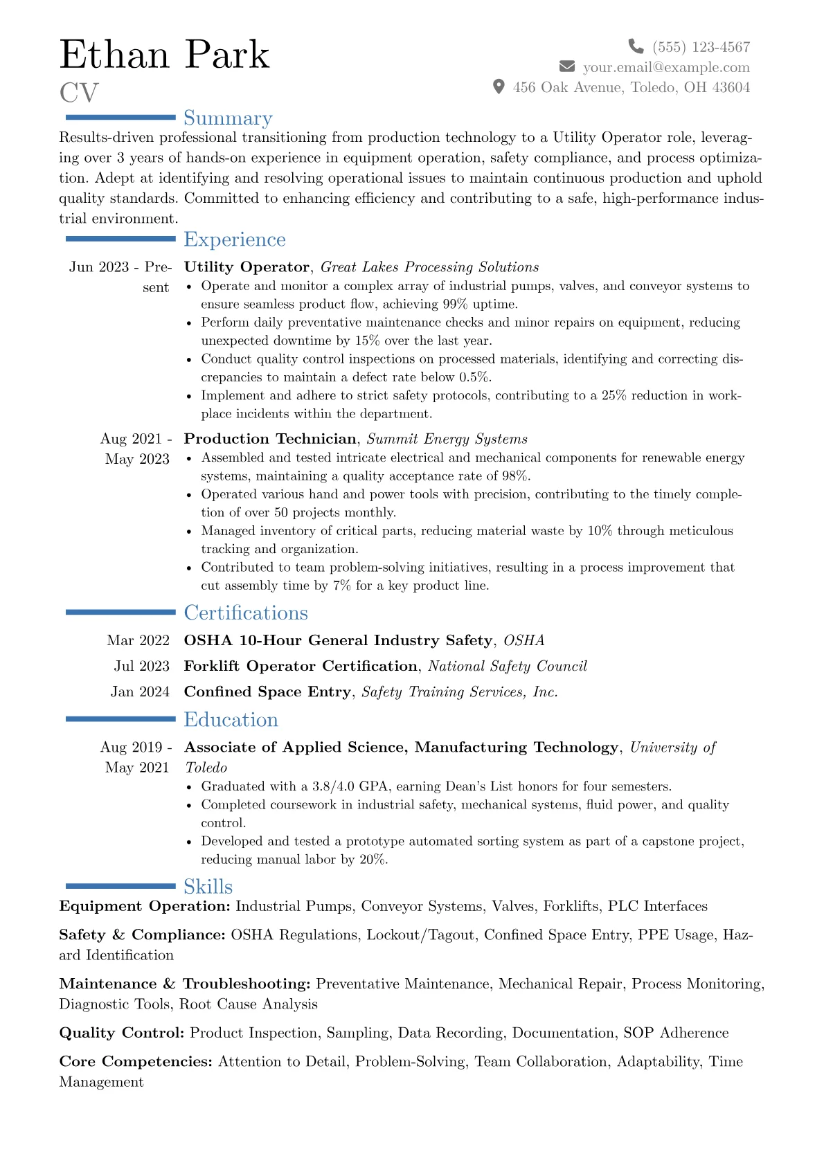 Utility Operator resume example, Career changer, page 1