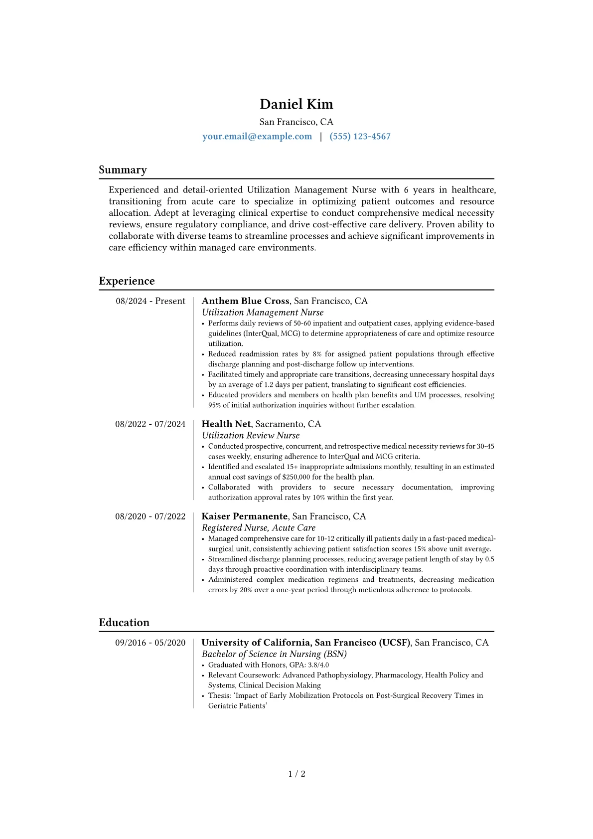 Utilization Management Nurse resume example, Career changer, page 1