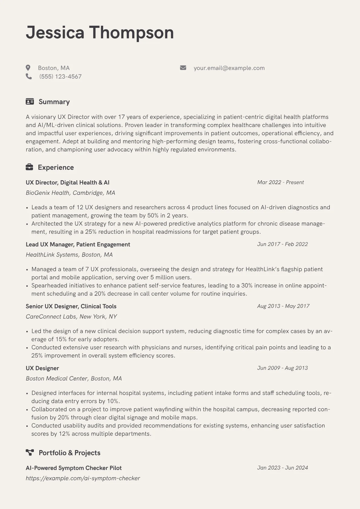 UX Director resume example, Digital Health & AI UX, page 1