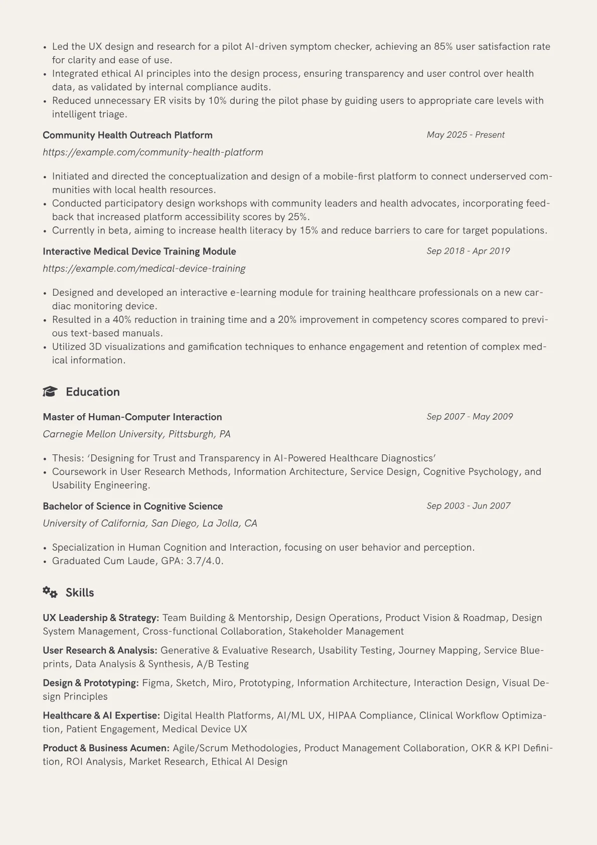 UX Director resume example, Digital Health & AI UX, page 2