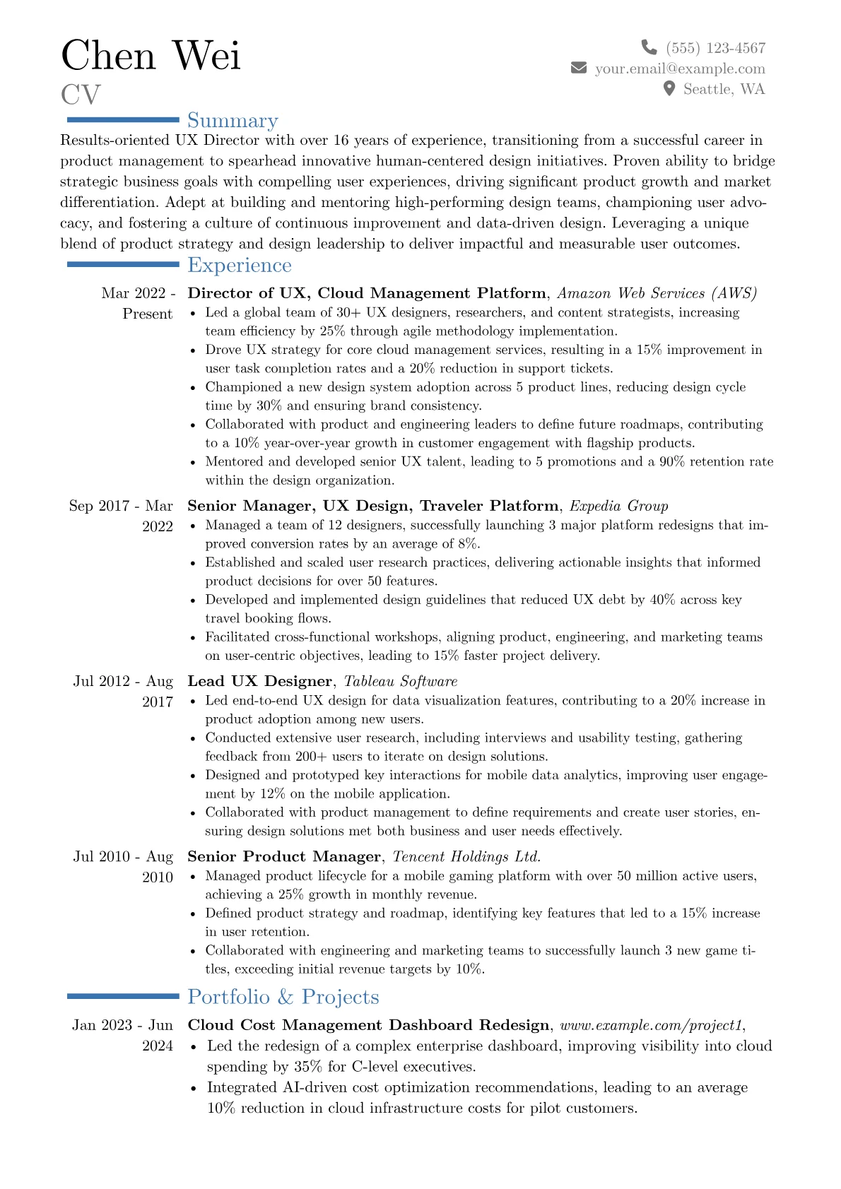 UX Director resume example, Career changer, page 1