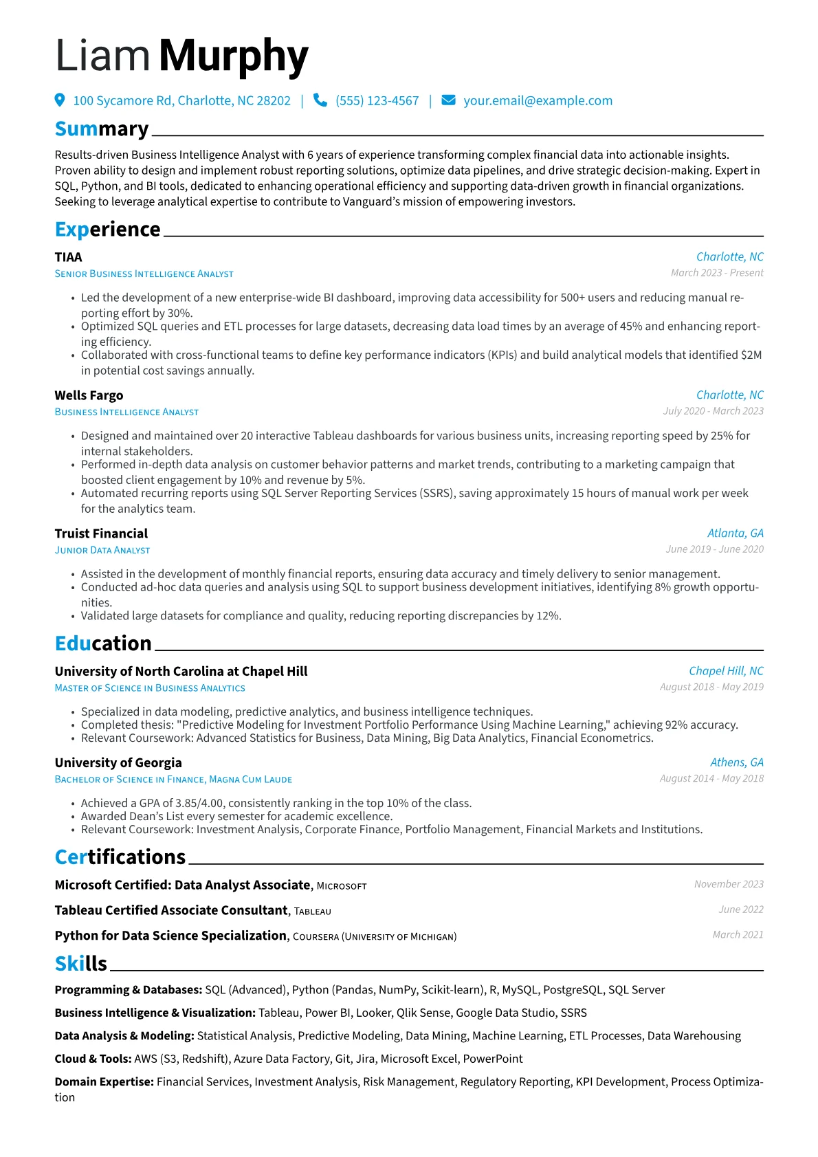 Vanguard resume example, Business Intelligence, page 1