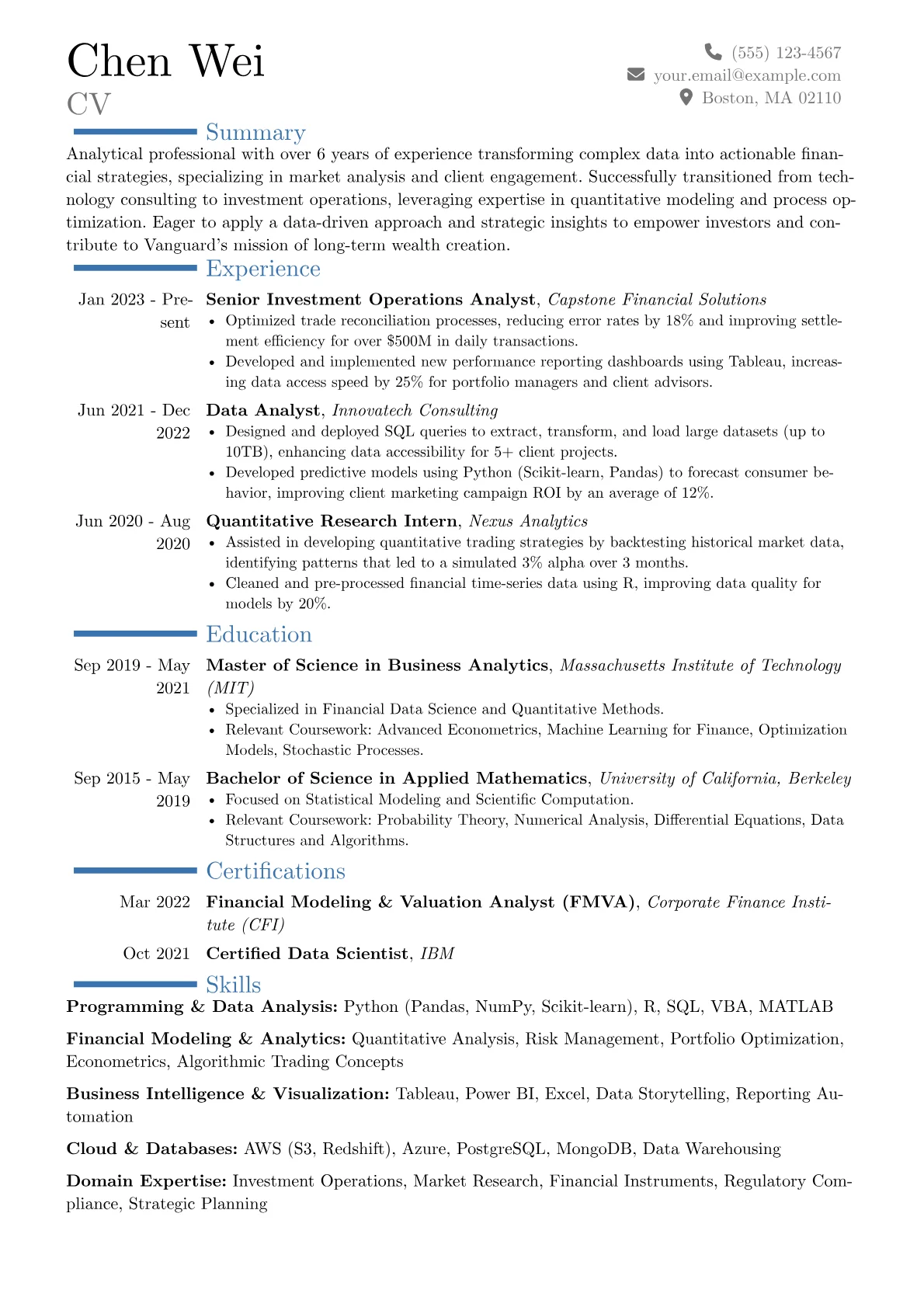 Vanguard resume example, Career changer, page 1