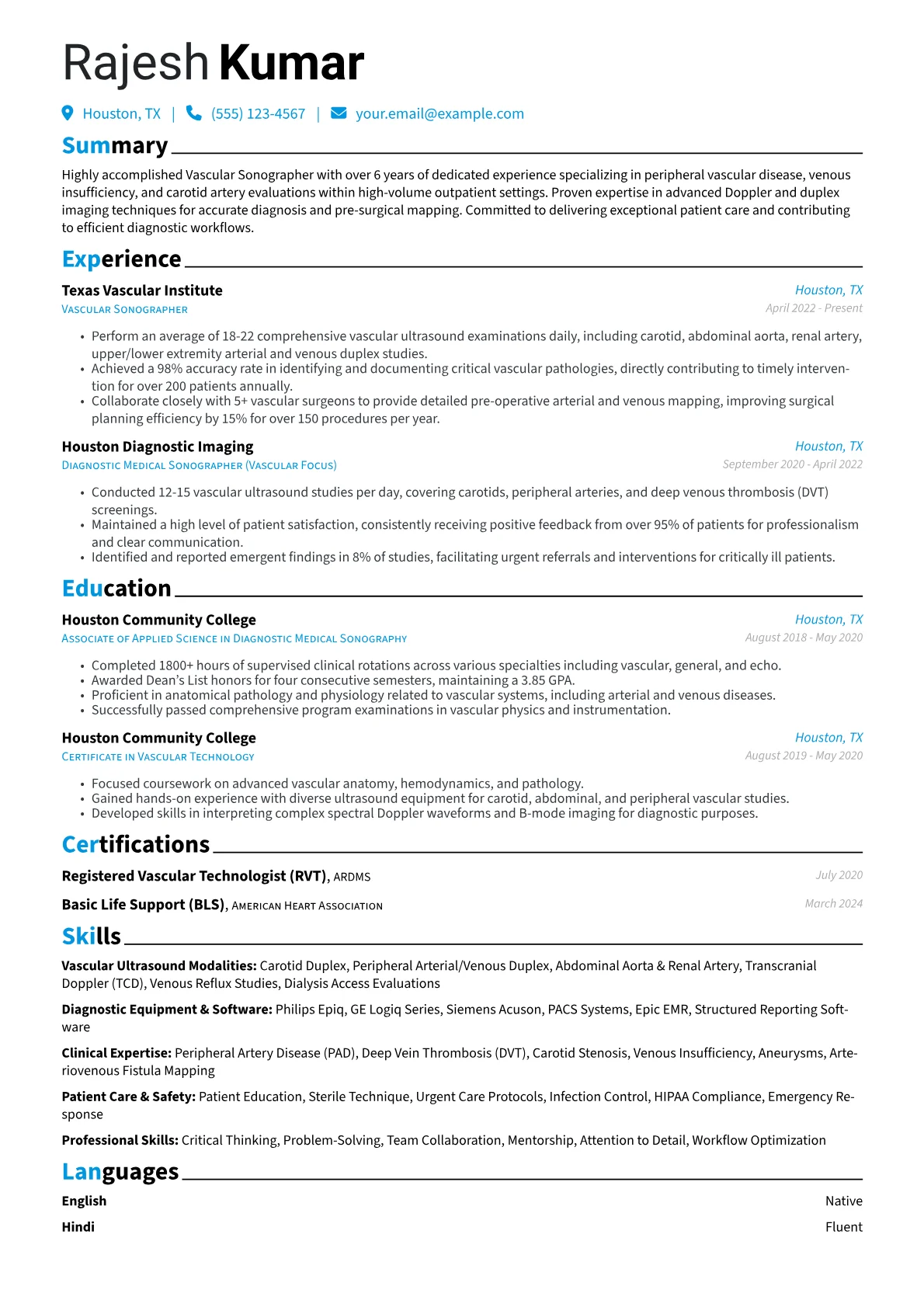 Vascular Sonographer resume example, Vascular Sonographer, page 1