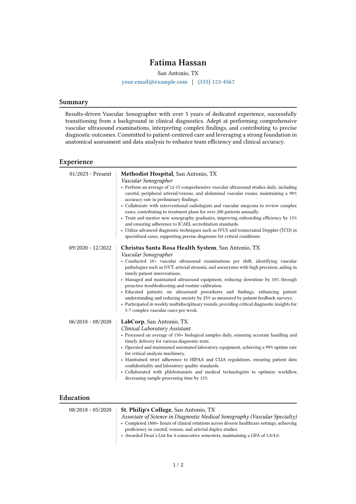Vascular Sonographer resume example, Career changer, page 1