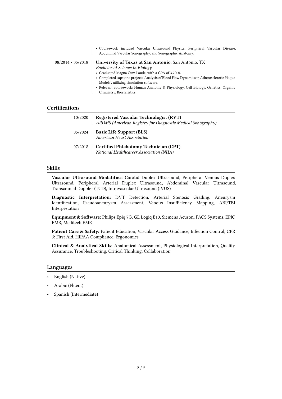 Vascular Sonographer resume example, Career changer, page 2