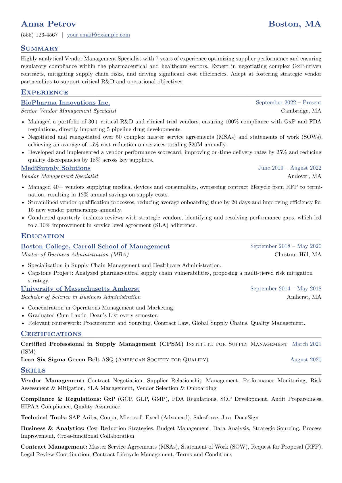 Vendor Management Specialist resume example, Healthcare, page 1