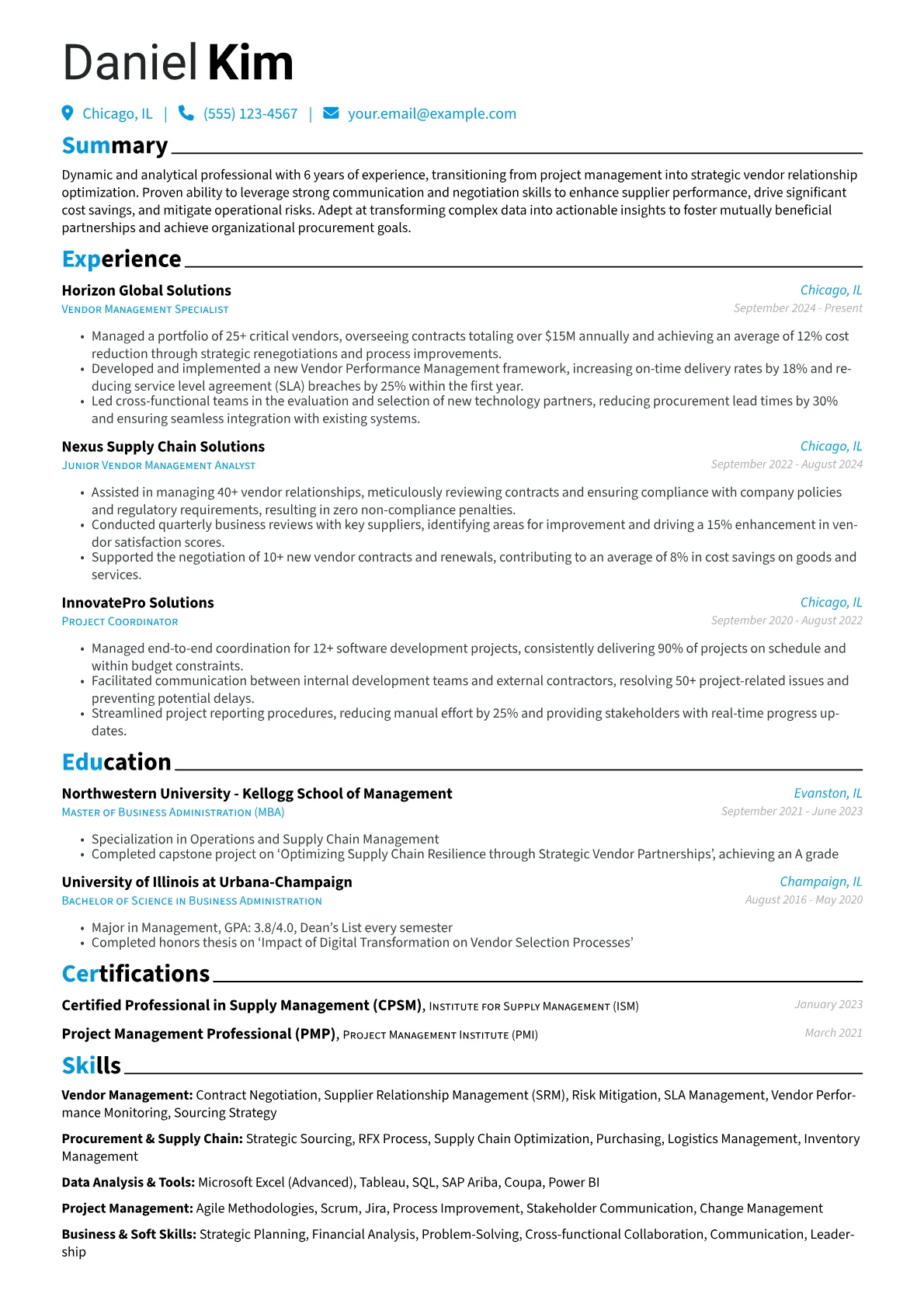 Vendor Management Specialist resume example, Career changer, page 1