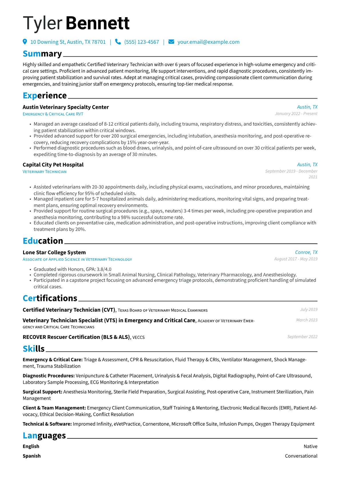 Vet Tech resume example, Emergency & Critical Care, page 1