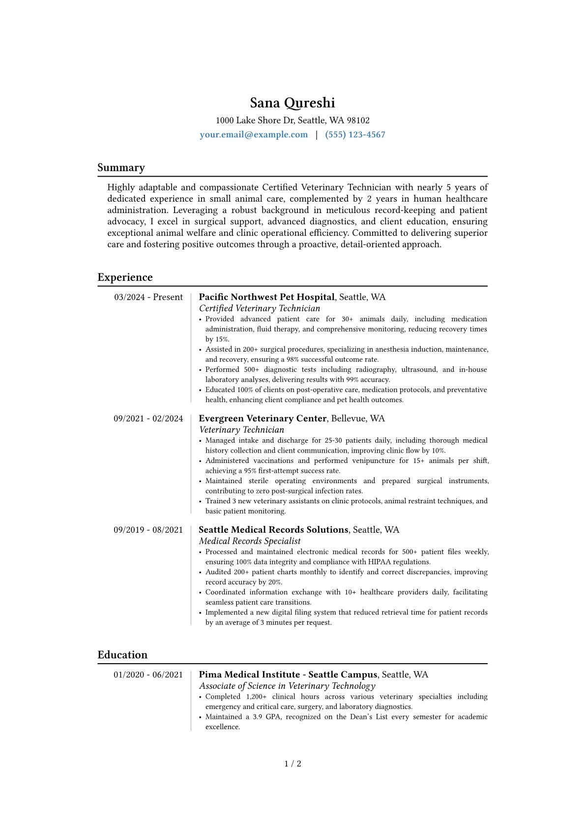 Vet Tech resume example, Career changer, page 1