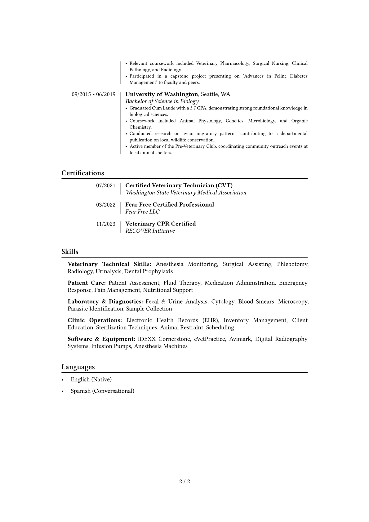 Vet Tech resume example, Career changer, page 2