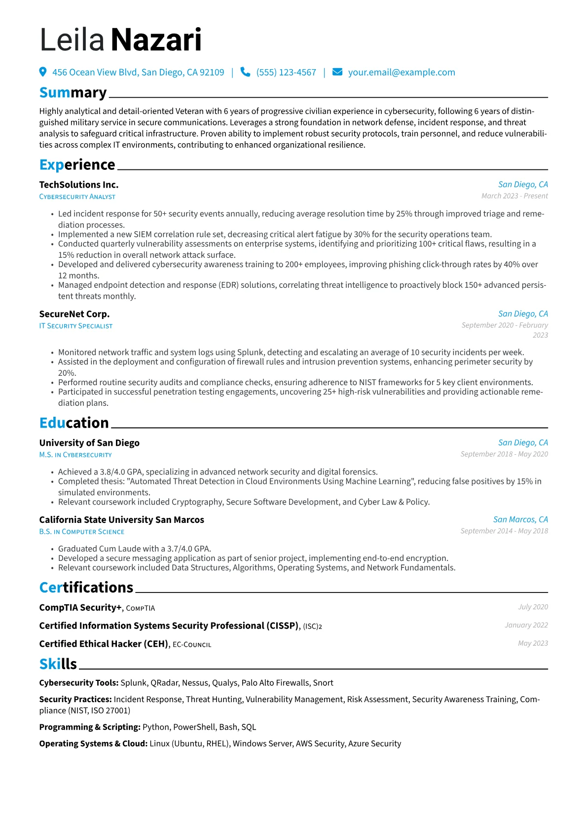 Veteran resume example, Veteran Candidate: Cyber, page 1