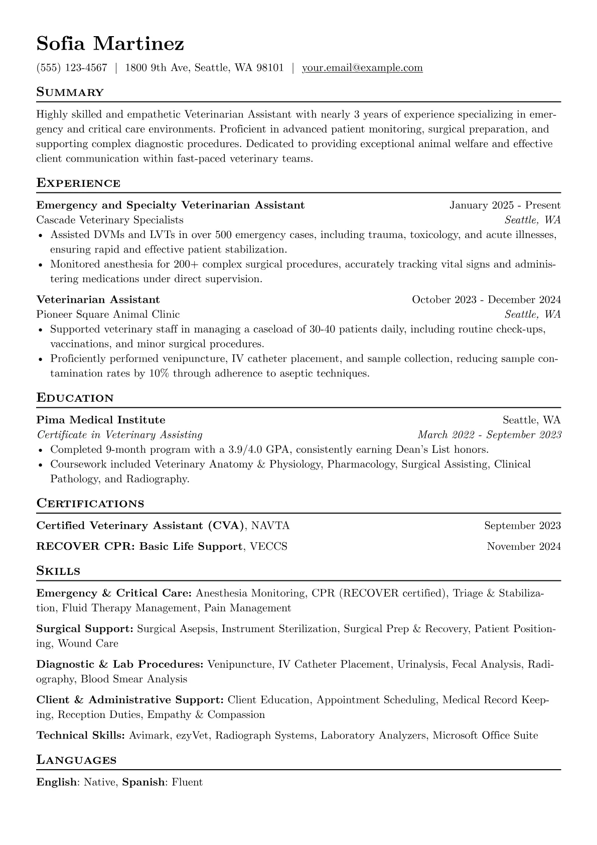 Veterinarian Assistant resume example, Emergency & Specialty Vet, page 1