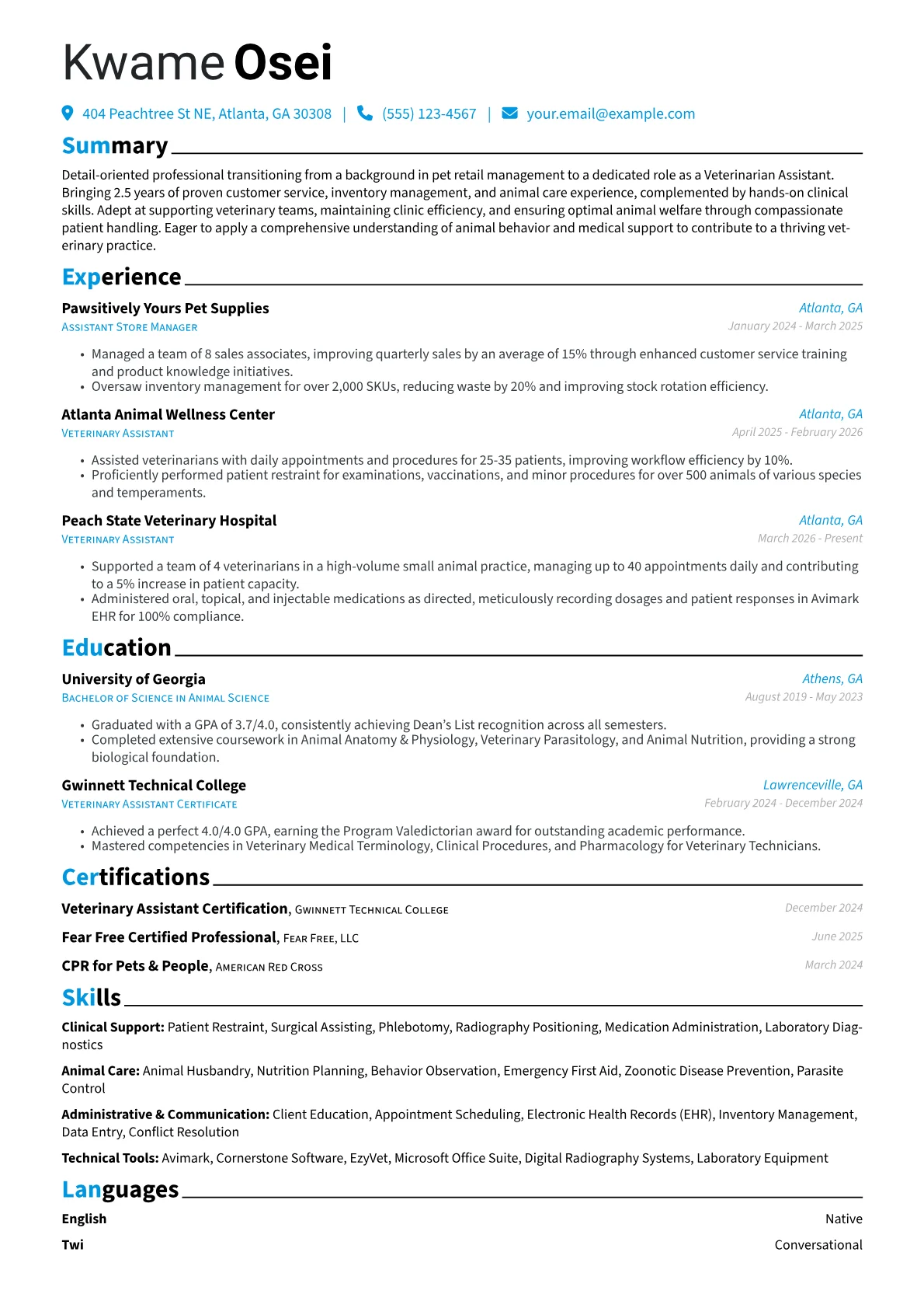 Veterinarian Assistant resume example, Career changer, page 1