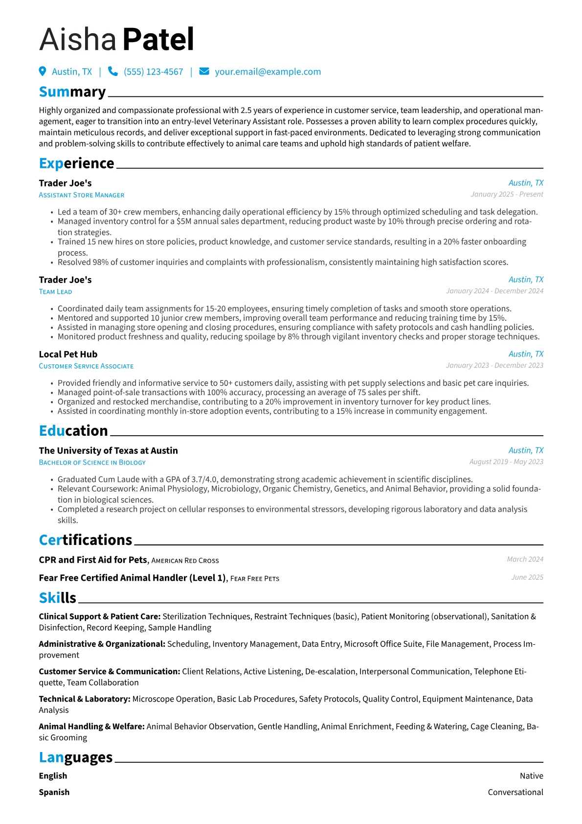 Veterinary Assistant With No Experience resume example, Clinical Support & Patient, page 1