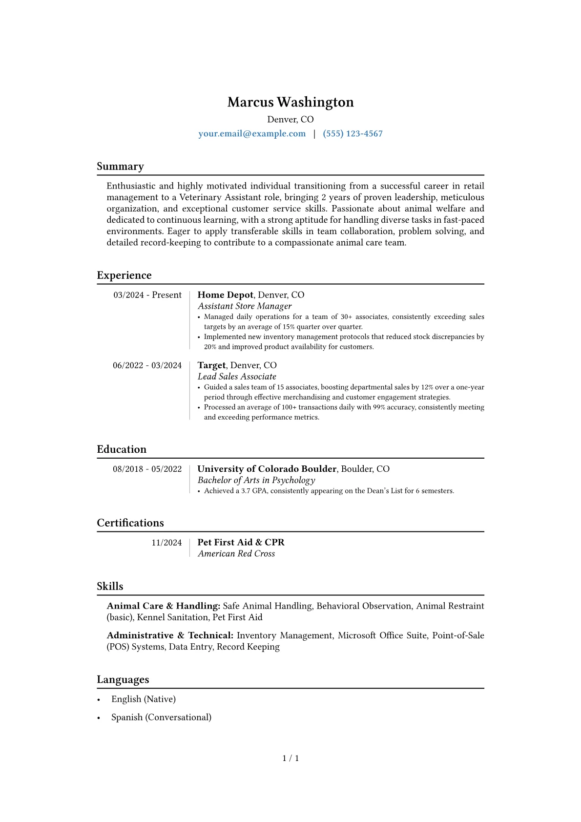 Veterinary Assistant With No Experience resume example, Career changer, page 1