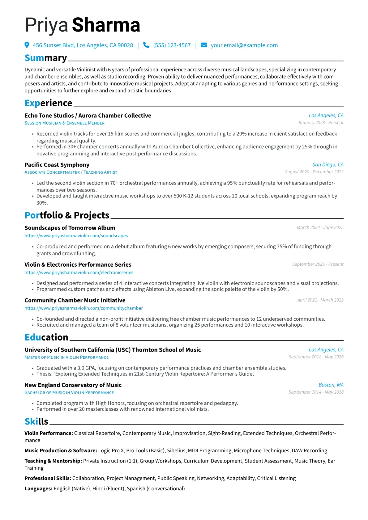 Violinist resume example, Violin Performance, page 1