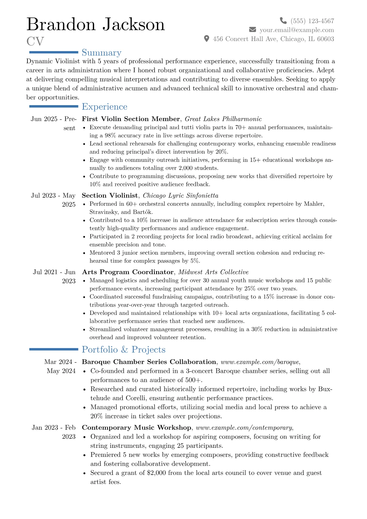Violinist resume example, Career changer, page 1