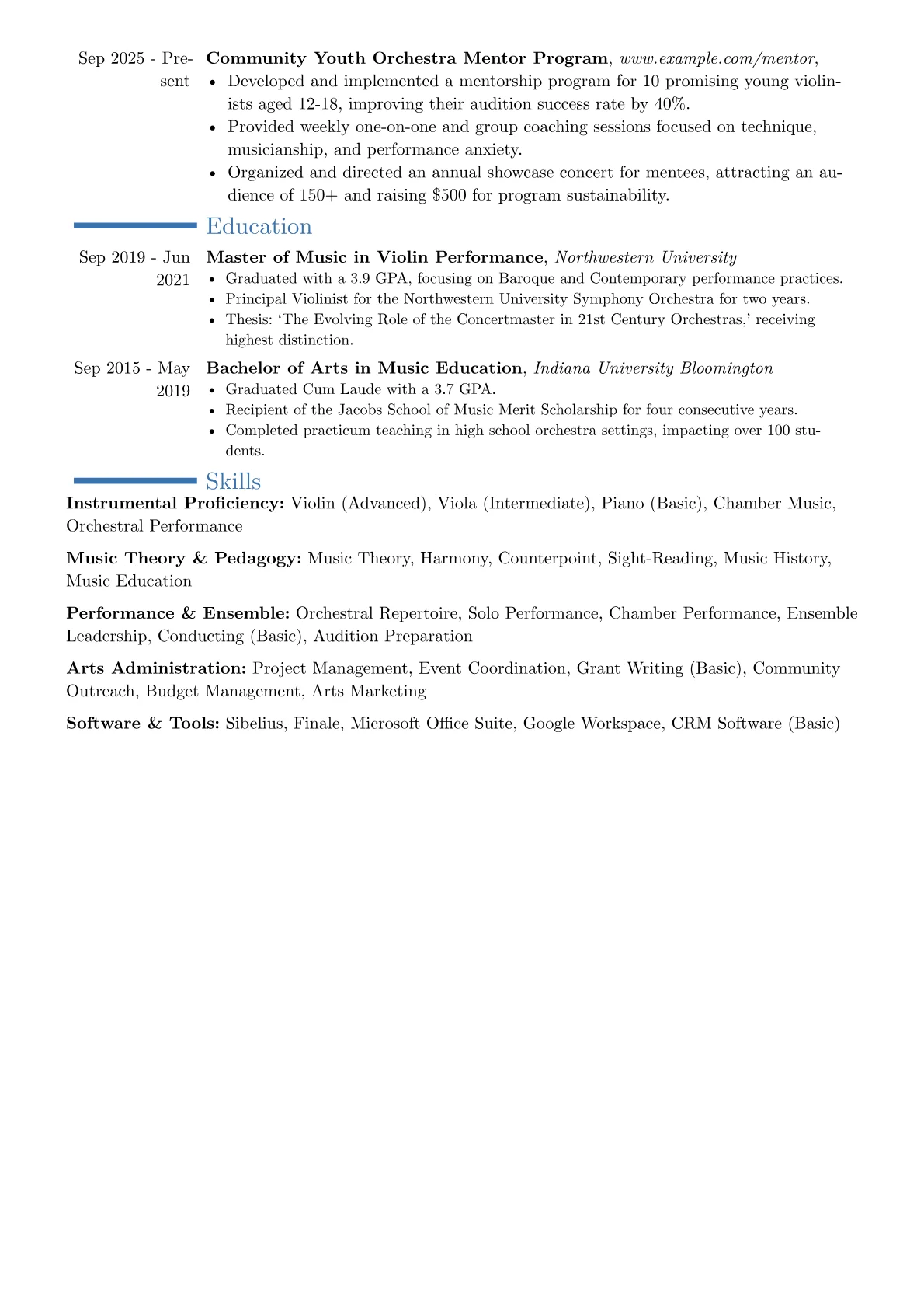 Violinist resume example, Career changer, page 2