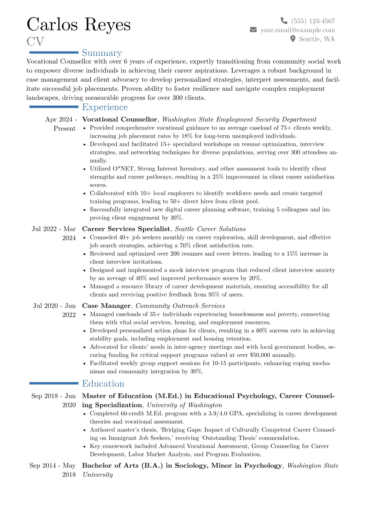 Vocational Counsellor resume example, Career changer, page 1