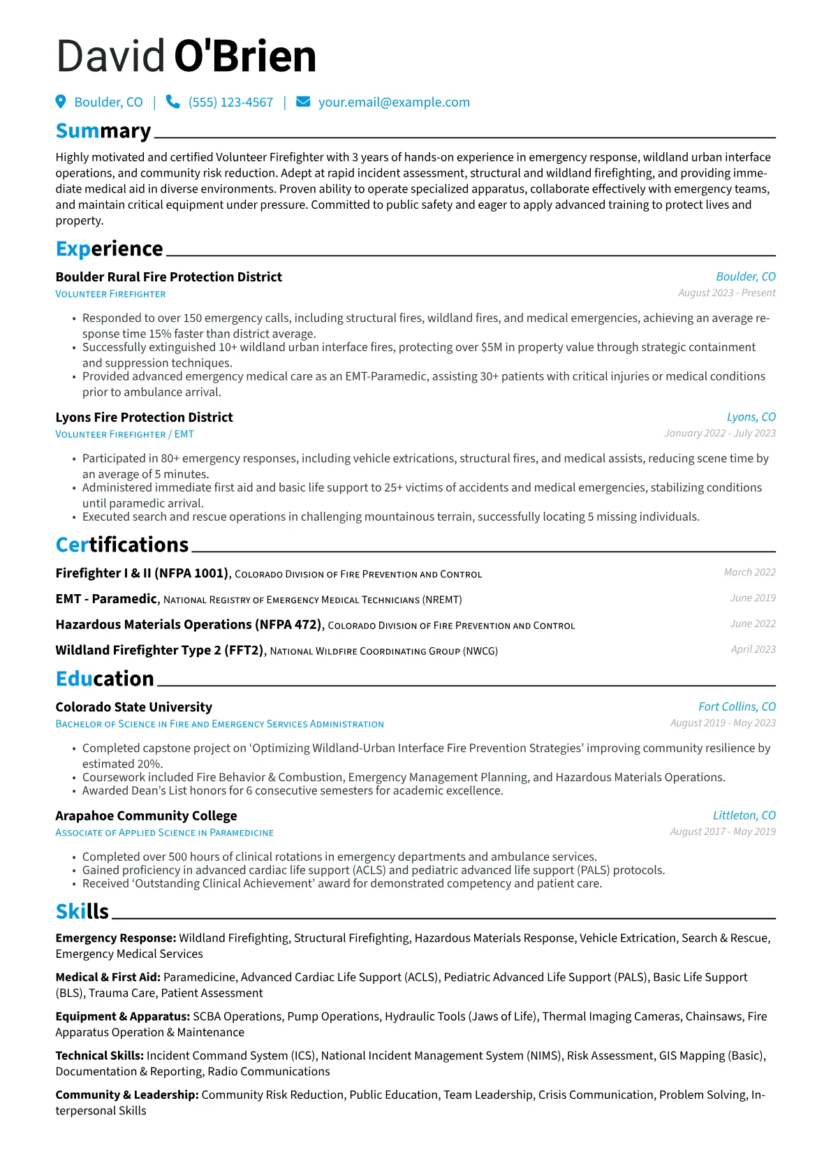 Volunteer Firefighter resume example, Volunteer Firefighter, page 1