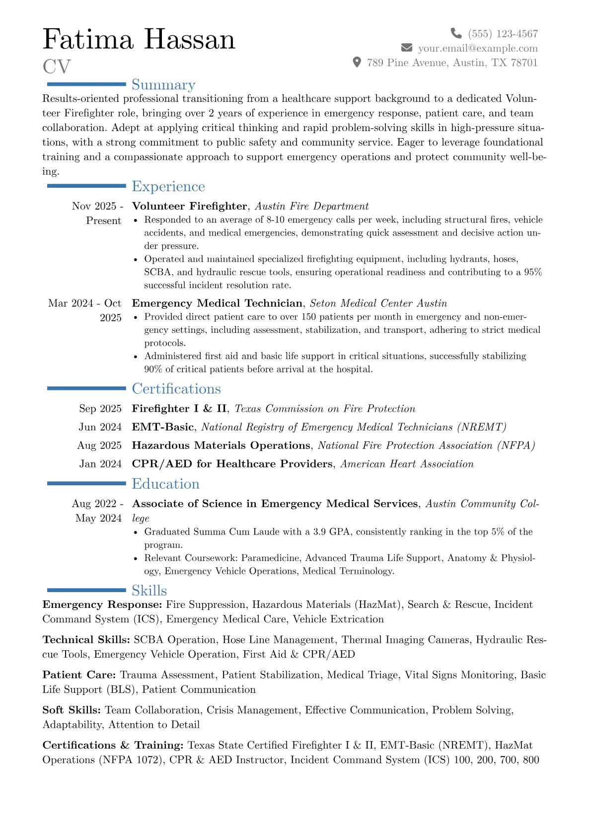 Volunteer Firefighter resume example, Career changer, page 1