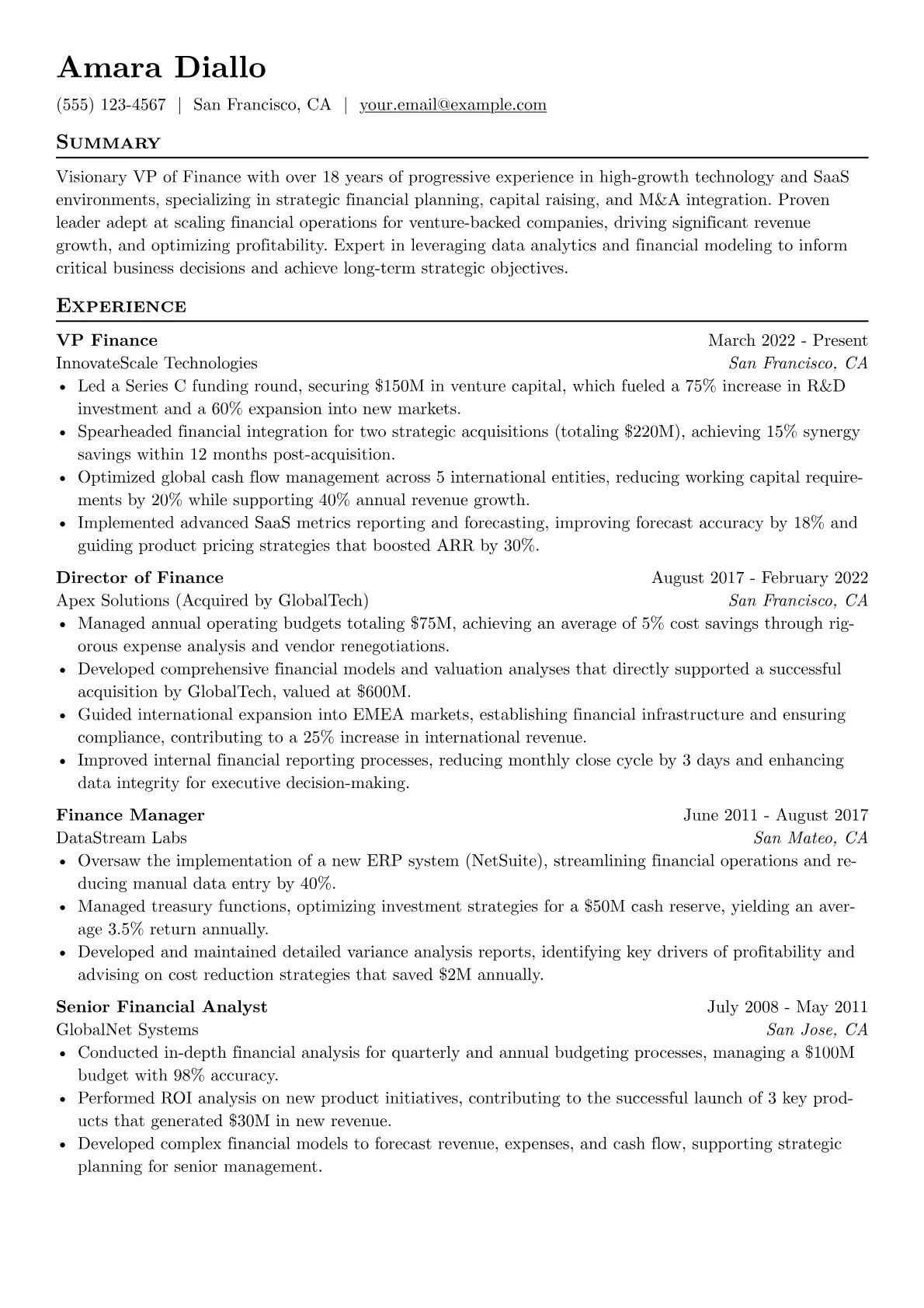 VP Finance resume example, VP Finance - High-Growth, page 1