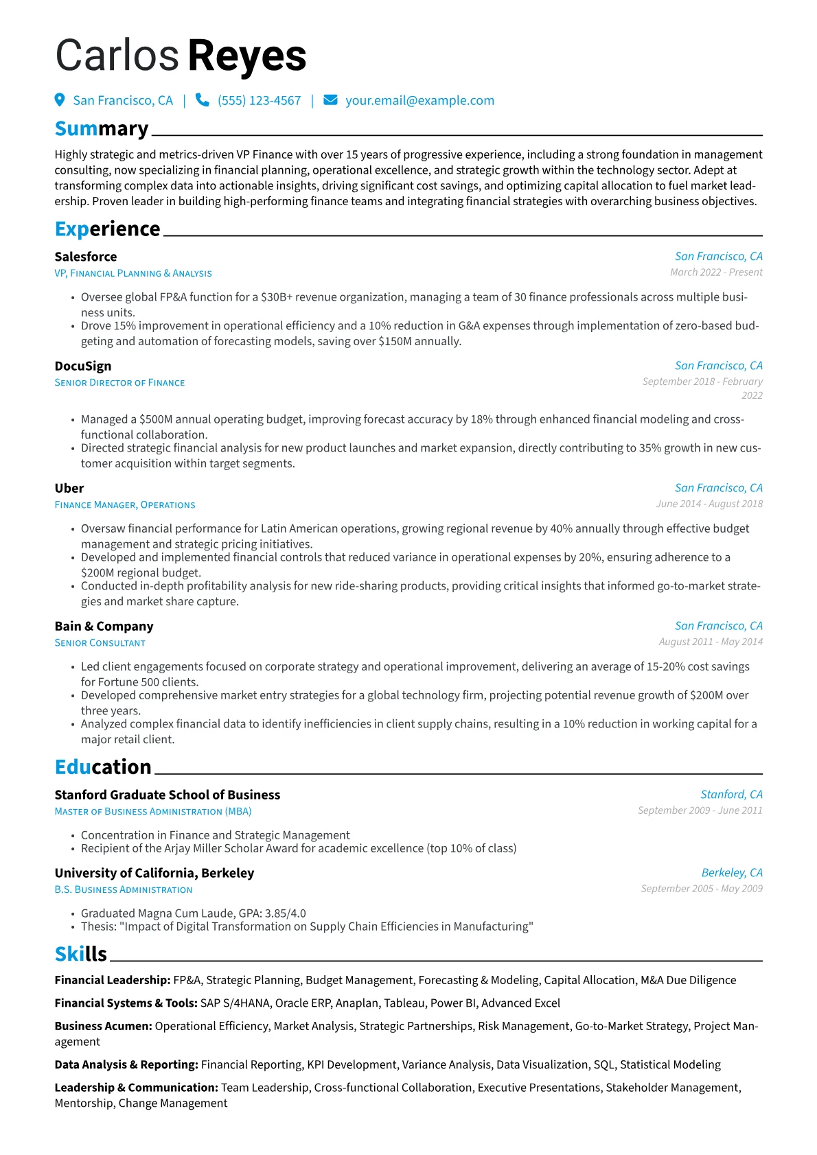VP Finance resume example, Career changer, page 1