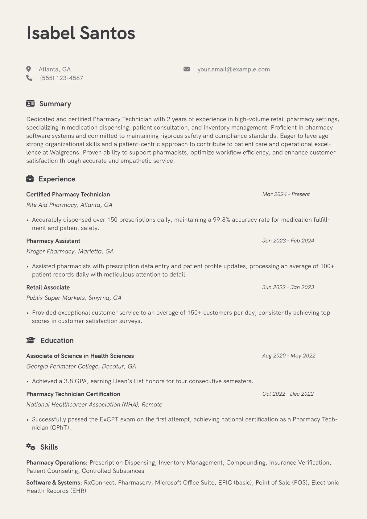 Walgreens resume example, Walgreens Pharmacy, page 1