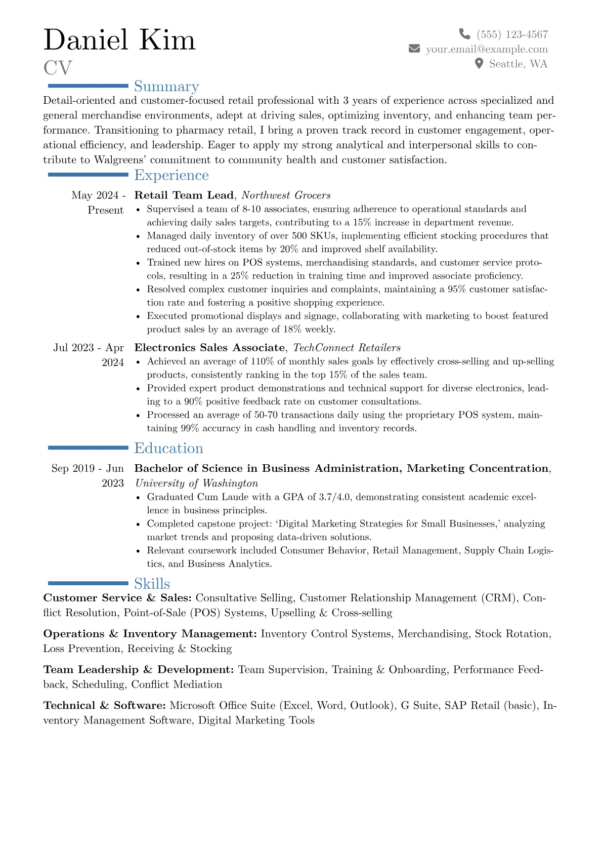 Walgreens resume example, Career changer, page 1