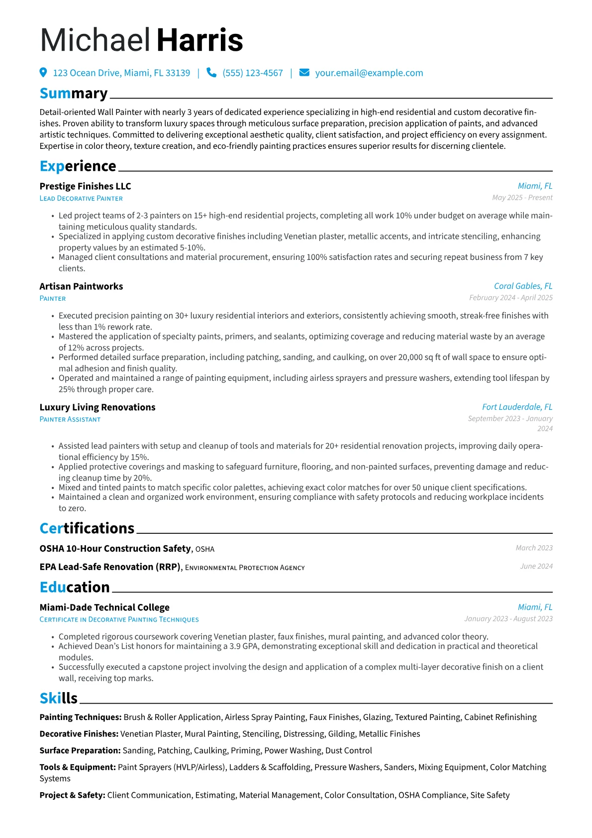 Wall Painter resume example, High-End Residential, page 1