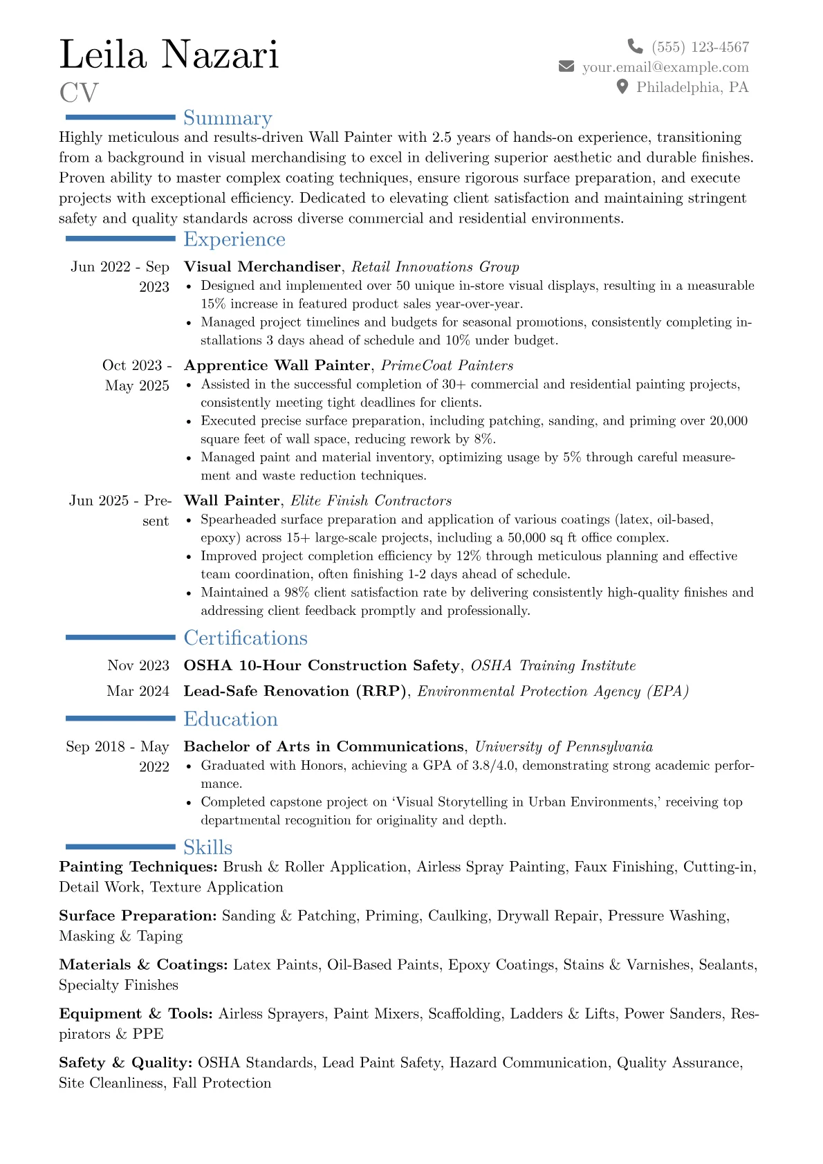 Wall Painter resume example, Career changer, page 1