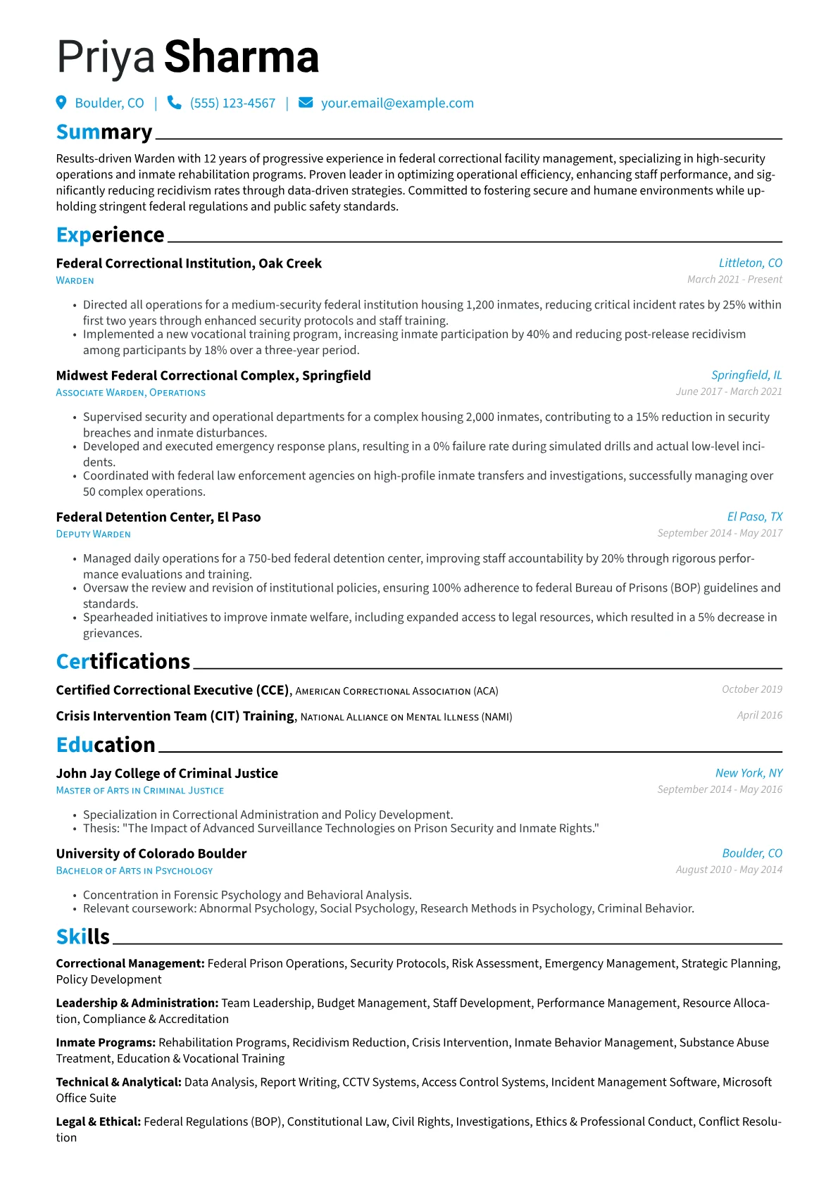 Warden resume example, Federal High-Security, page 1