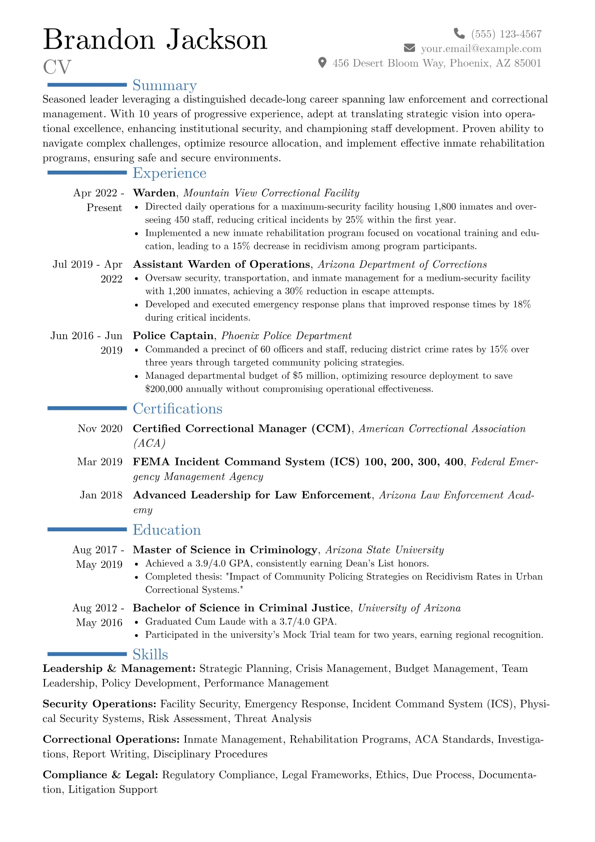 Warden resume example, Career changer, page 1