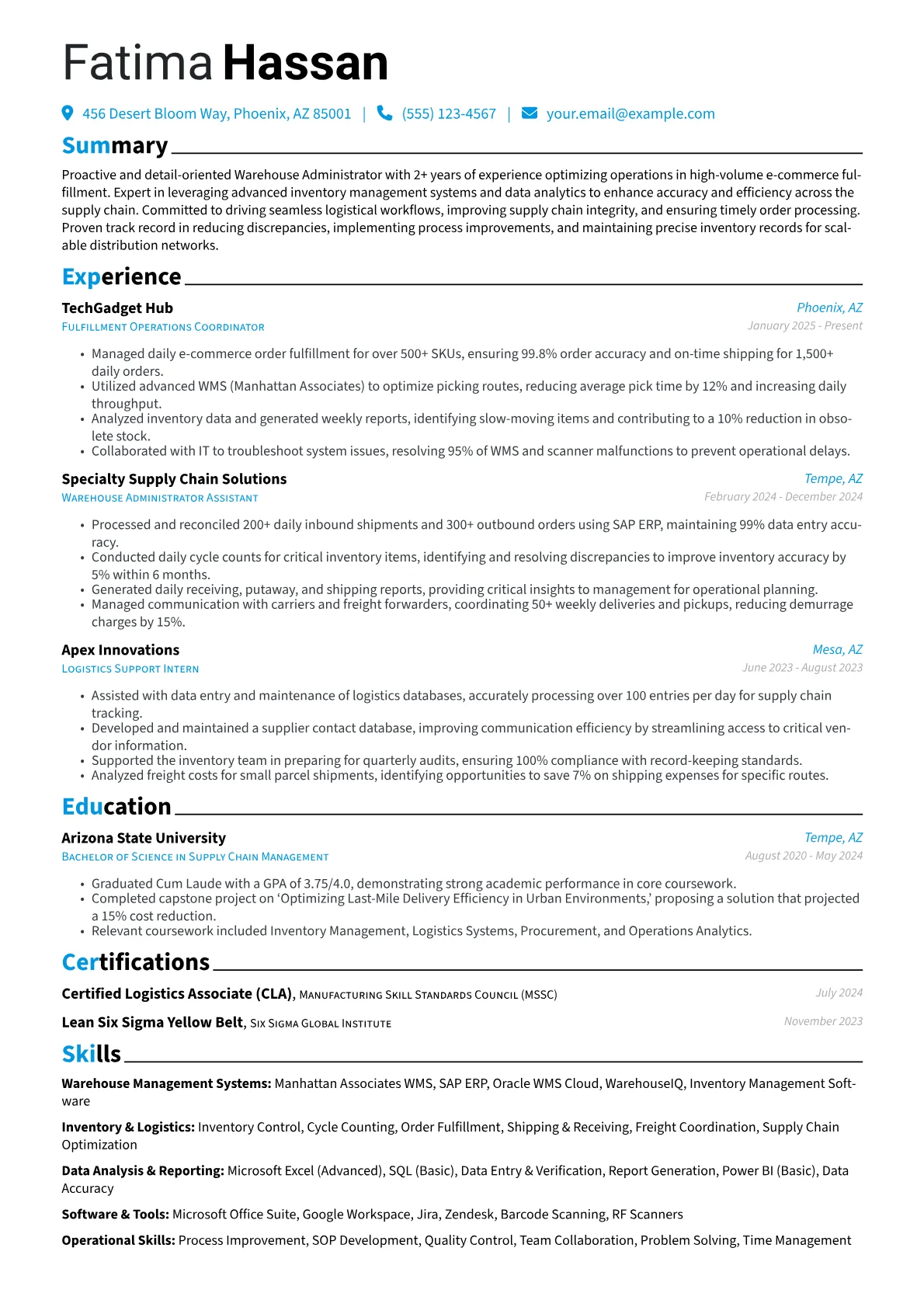Warehouse Administrator resume example, Warehouse Administrator, page 1