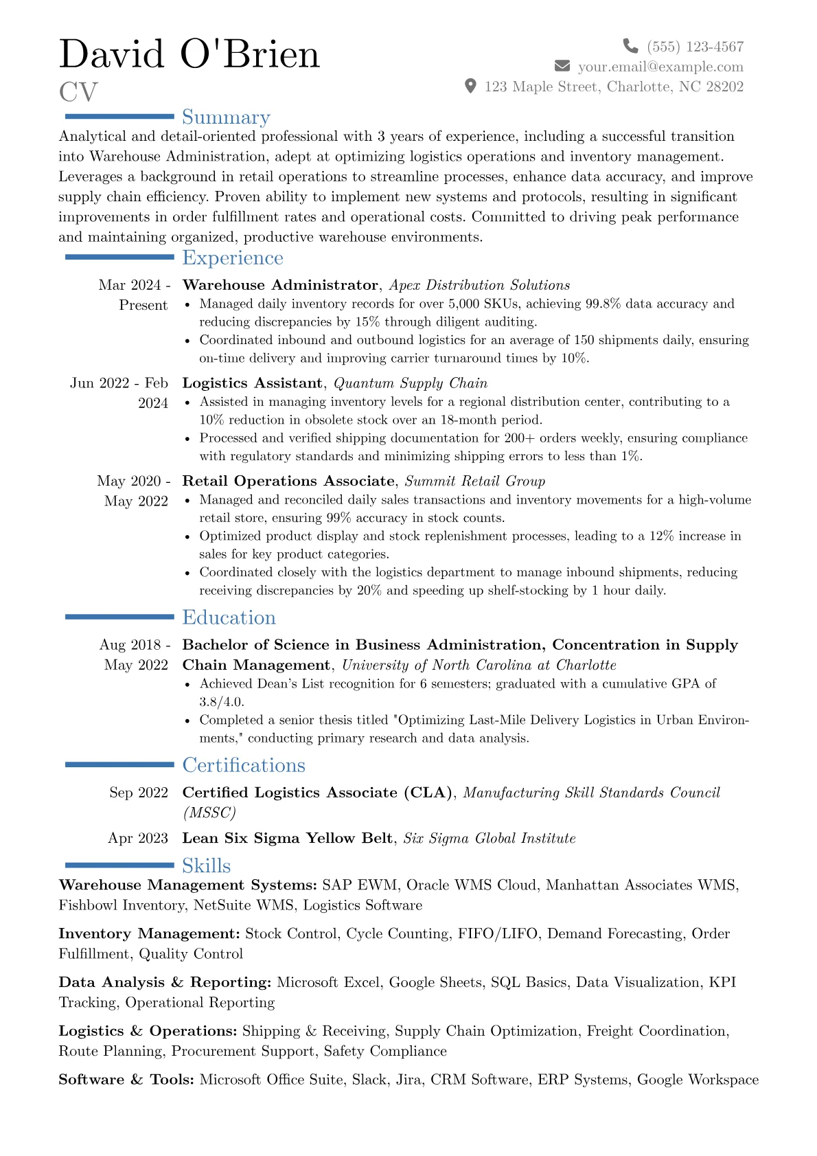 Warehouse Administrator resume example, Career changer, page 1