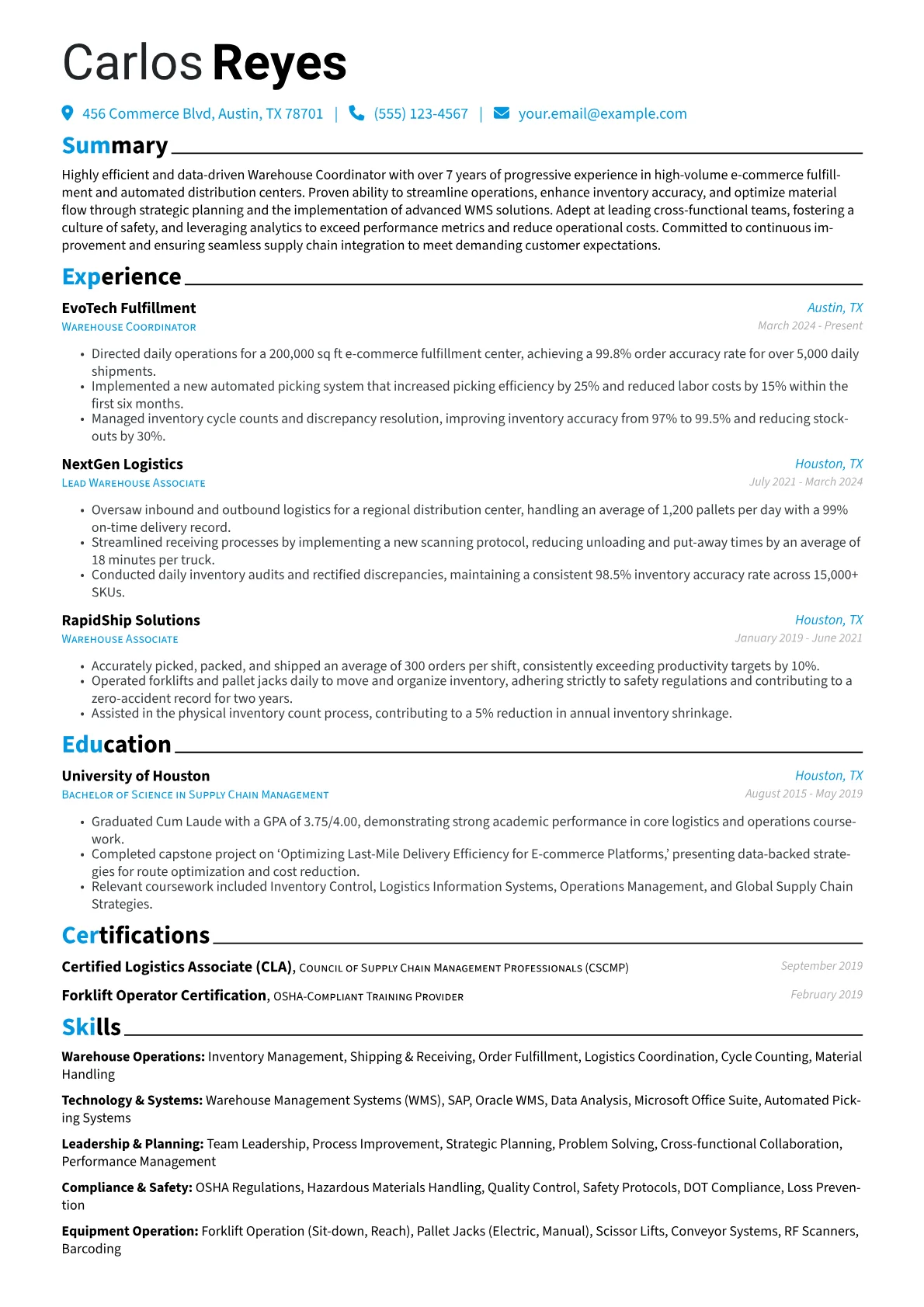Warehouse Coordinator resume example, Warehouse Coordinator, page 1