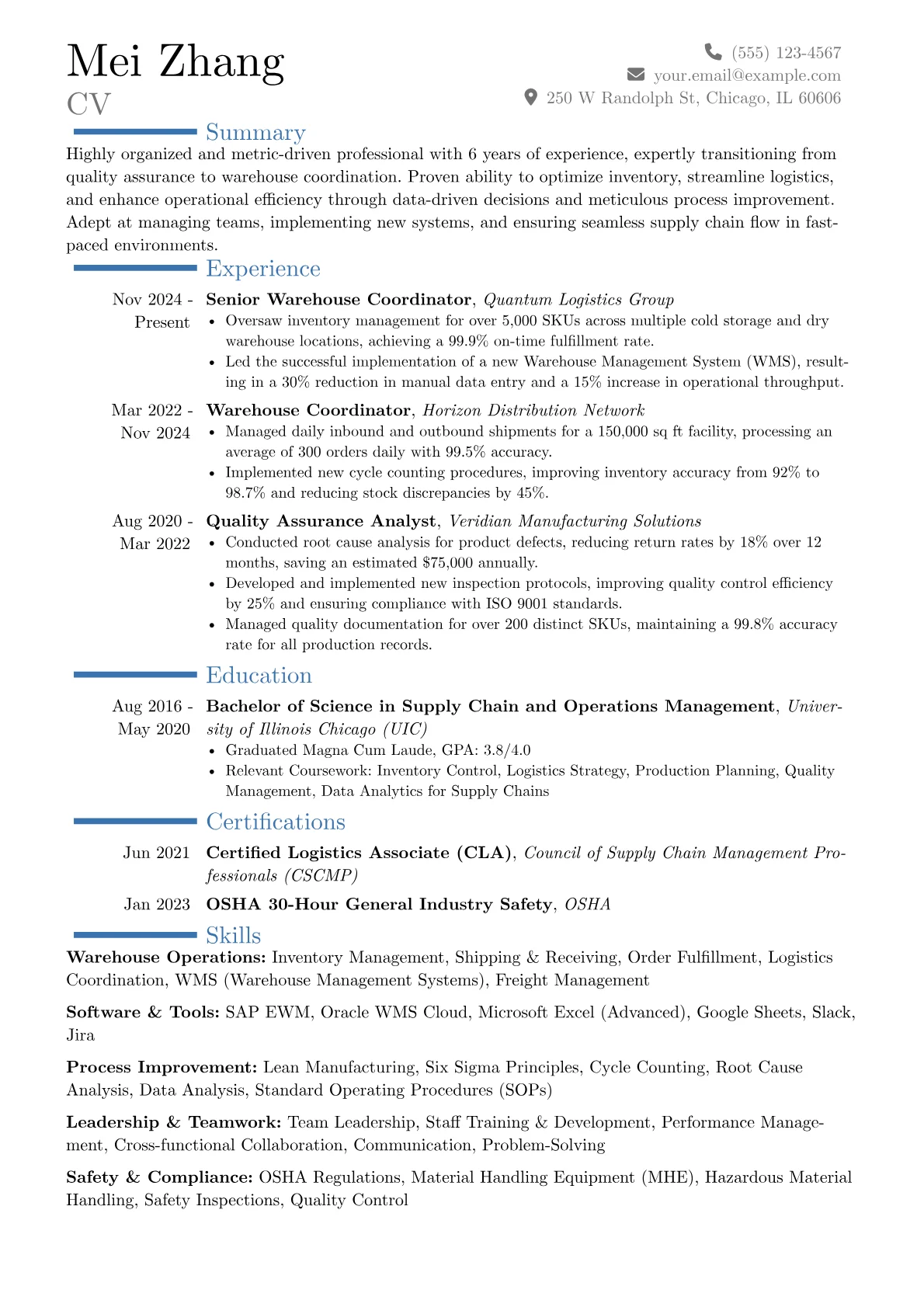 Warehouse Coordinator resume example, Career changer, page 1