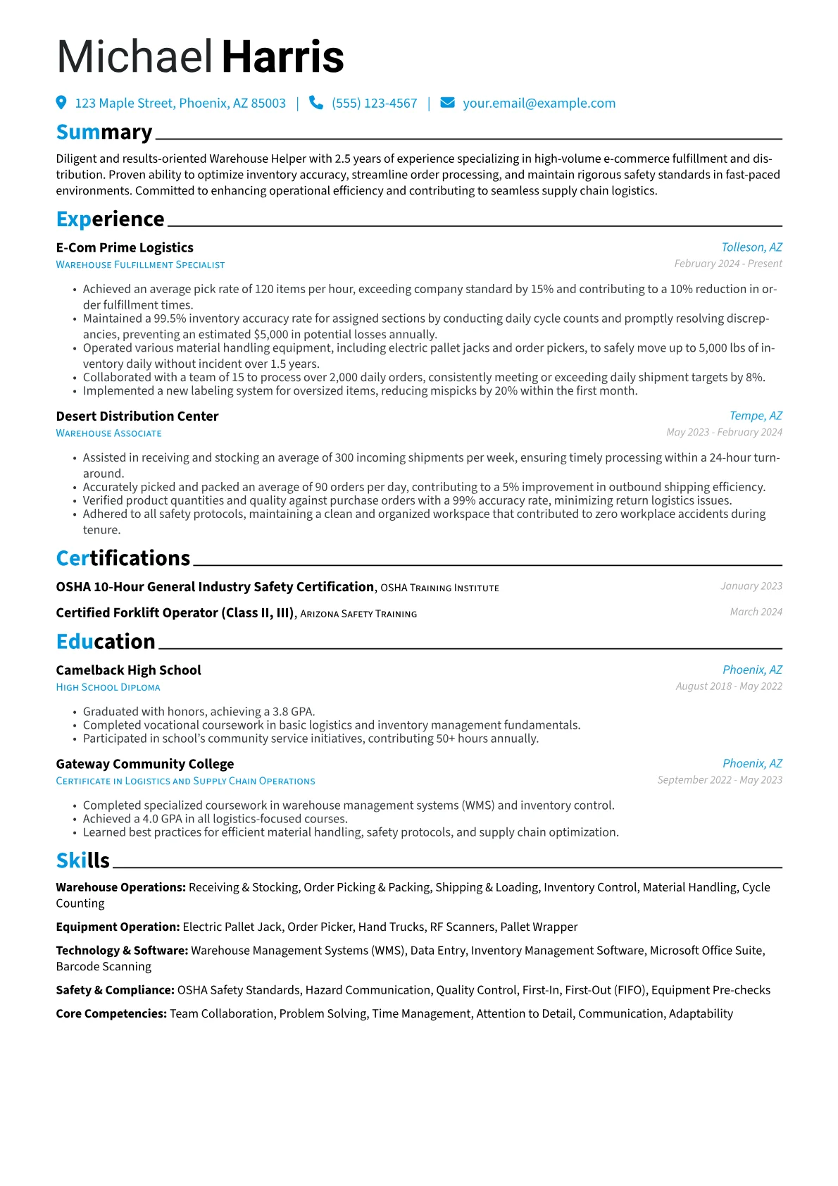 Warehouse Helper resume example, E-commerce Fulfillment, page 1