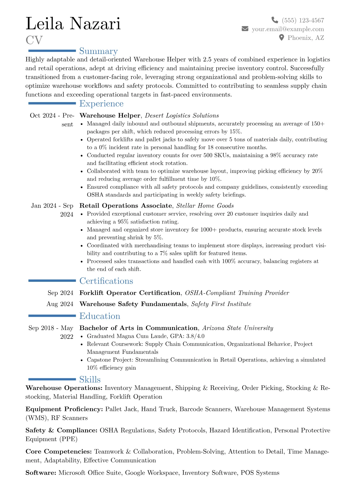 Warehouse Helper resume example, Career changer, page 1
