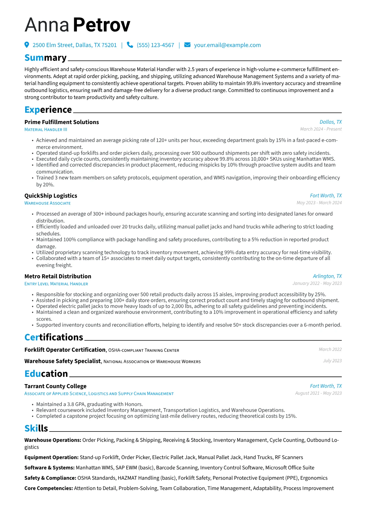 Warehouse Material Handler resume example, E-commerce Fulfillment, page 1