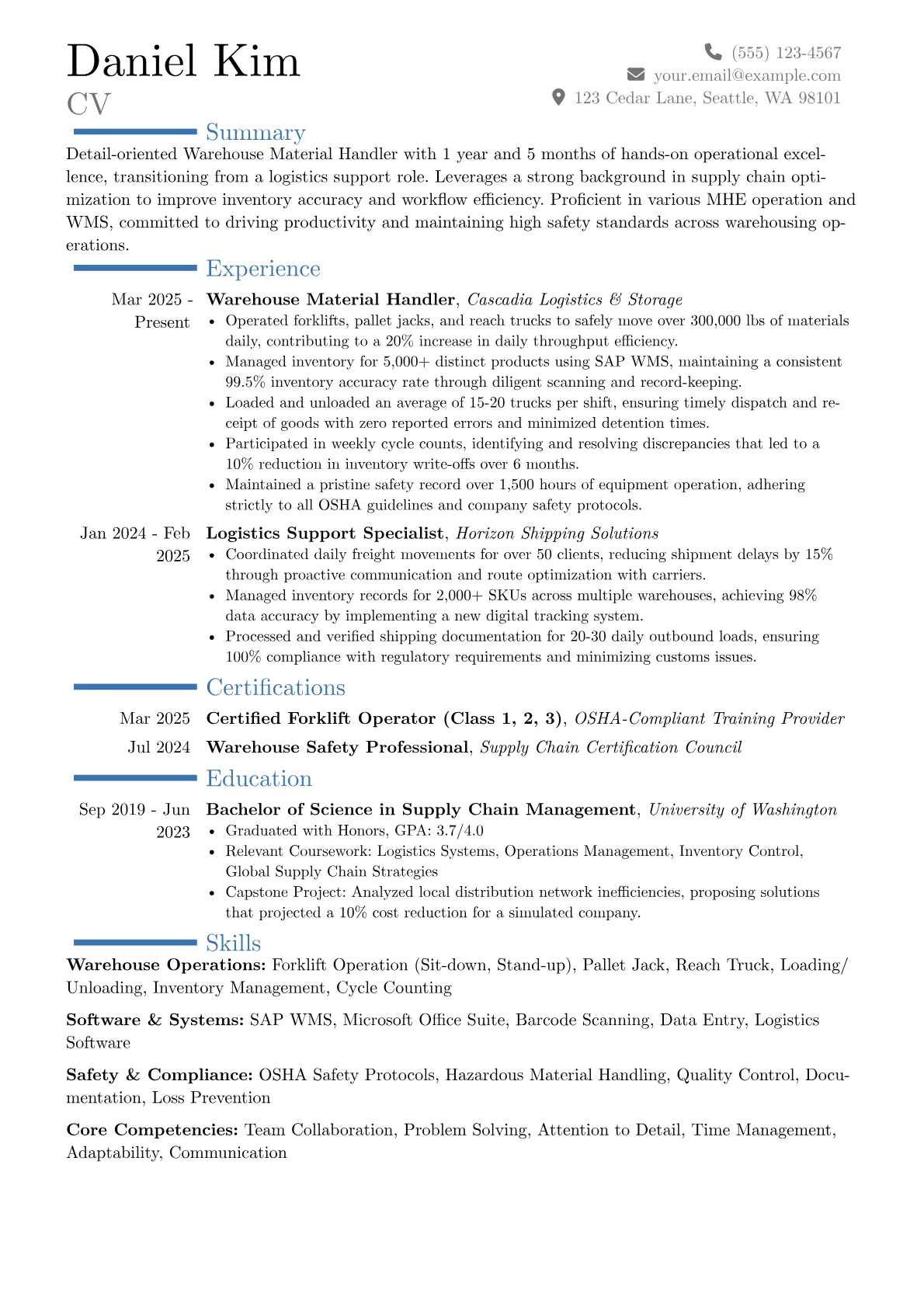 Warehouse Material Handler resume example, Career changer, page 1