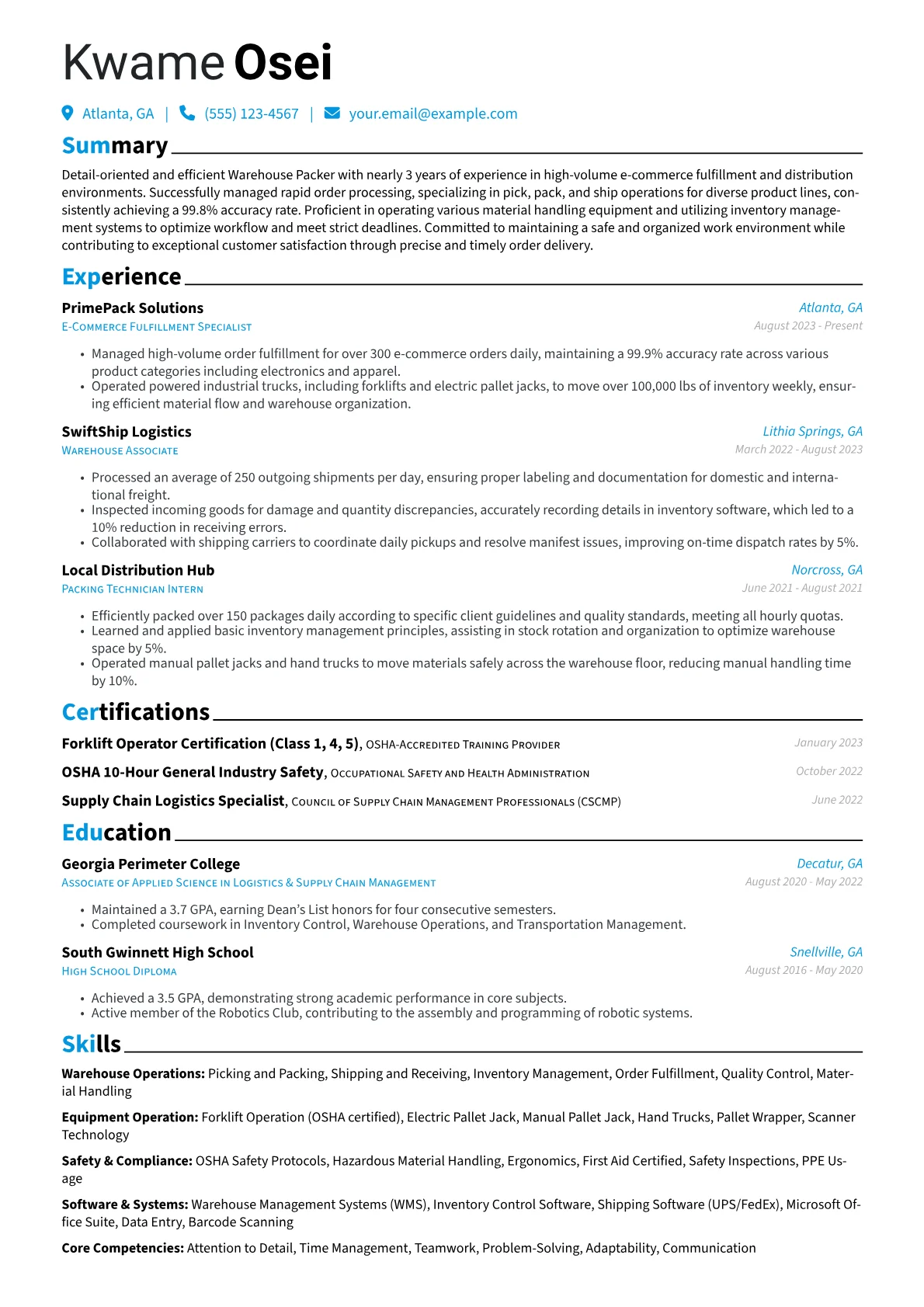 Warehouse Packer resume example, Warehouse Packer, page 1