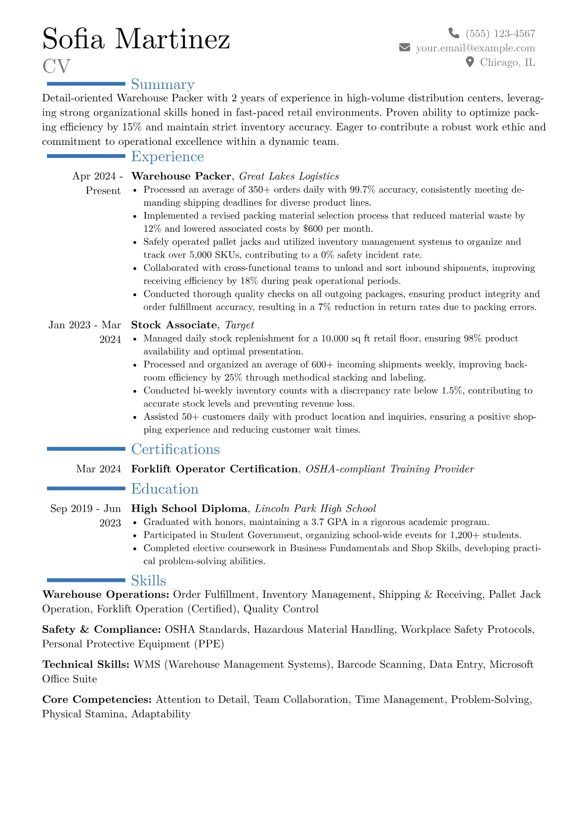 Warehouse Packer resume example, Career changer, page 1