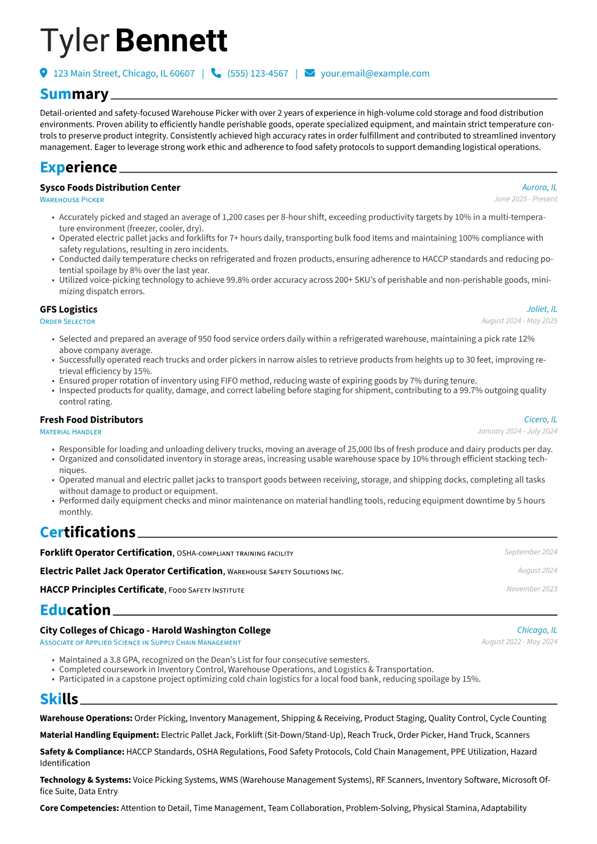 Warehouse Picker resume example, Warehouse Picker - Cold, page 1