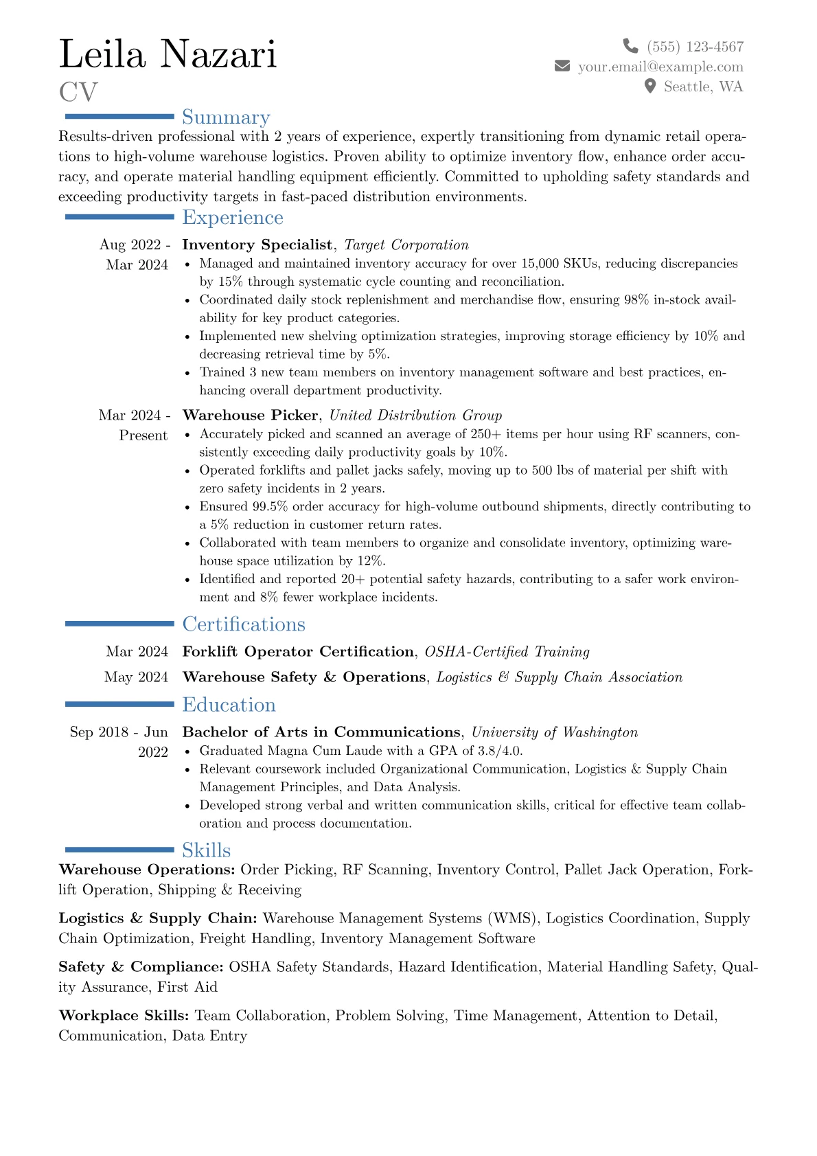 Warehouse Picker resume example, Career changer, page 1