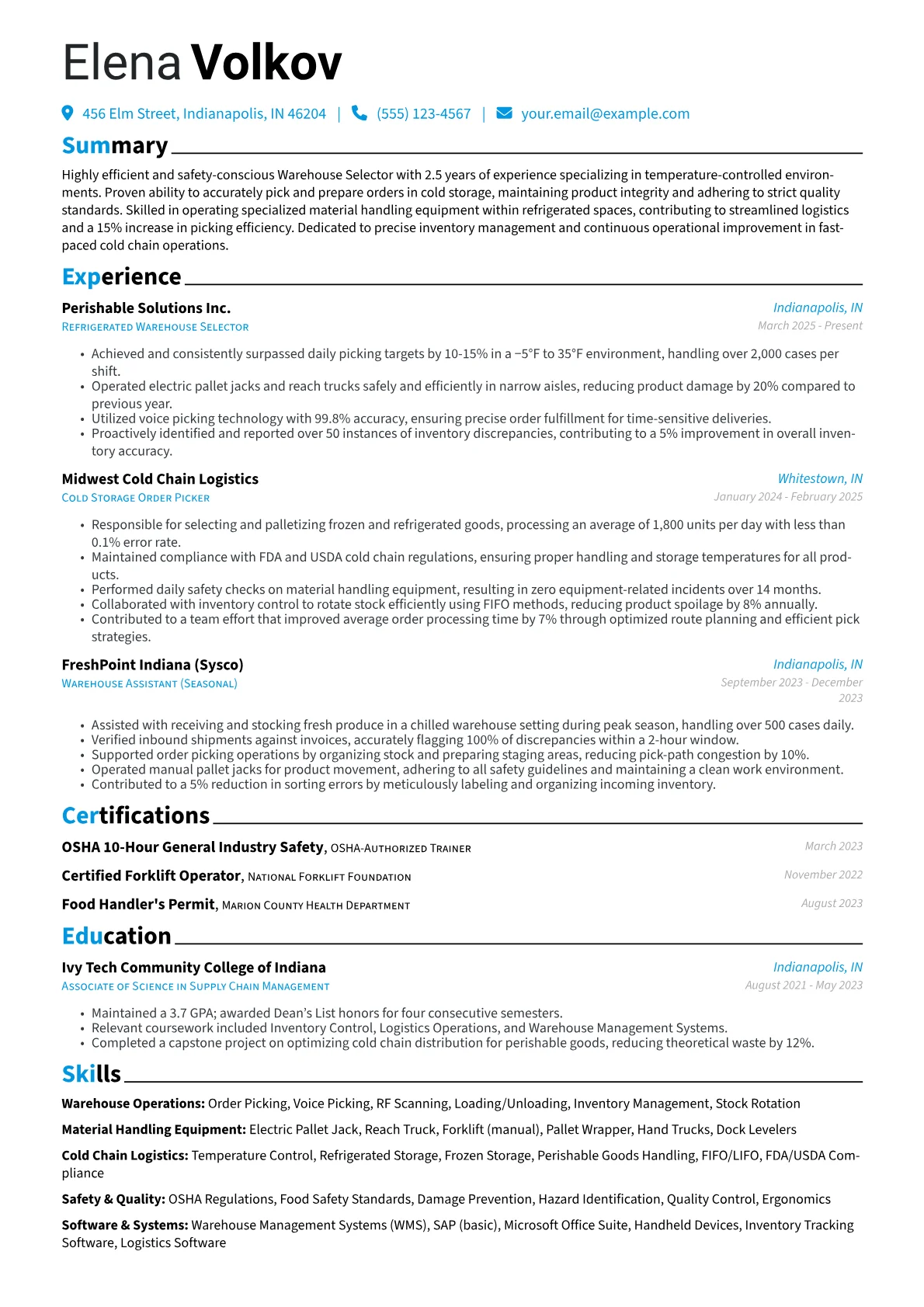 Warehouse Selector resume example, Warehouse Selector - Cold, page 1