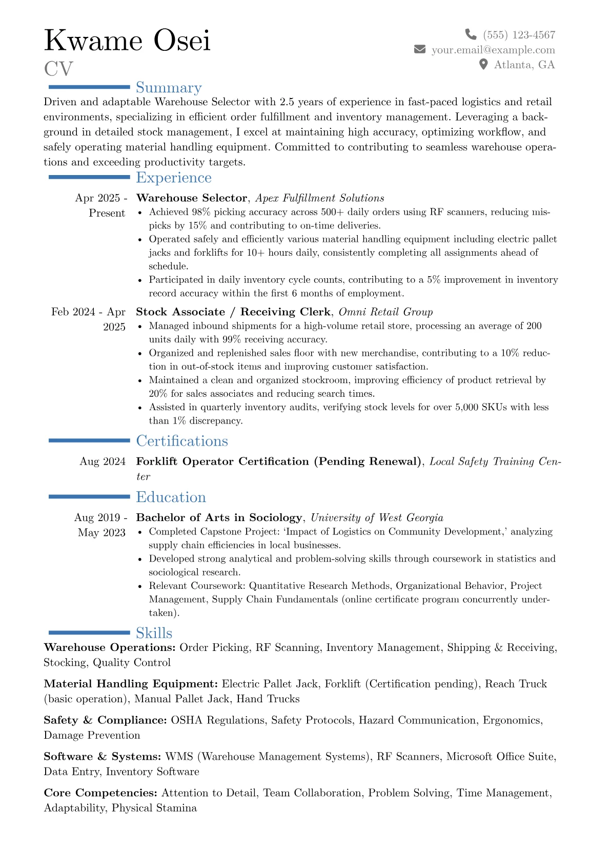 Warehouse Selector resume example, Career changer, page 1
