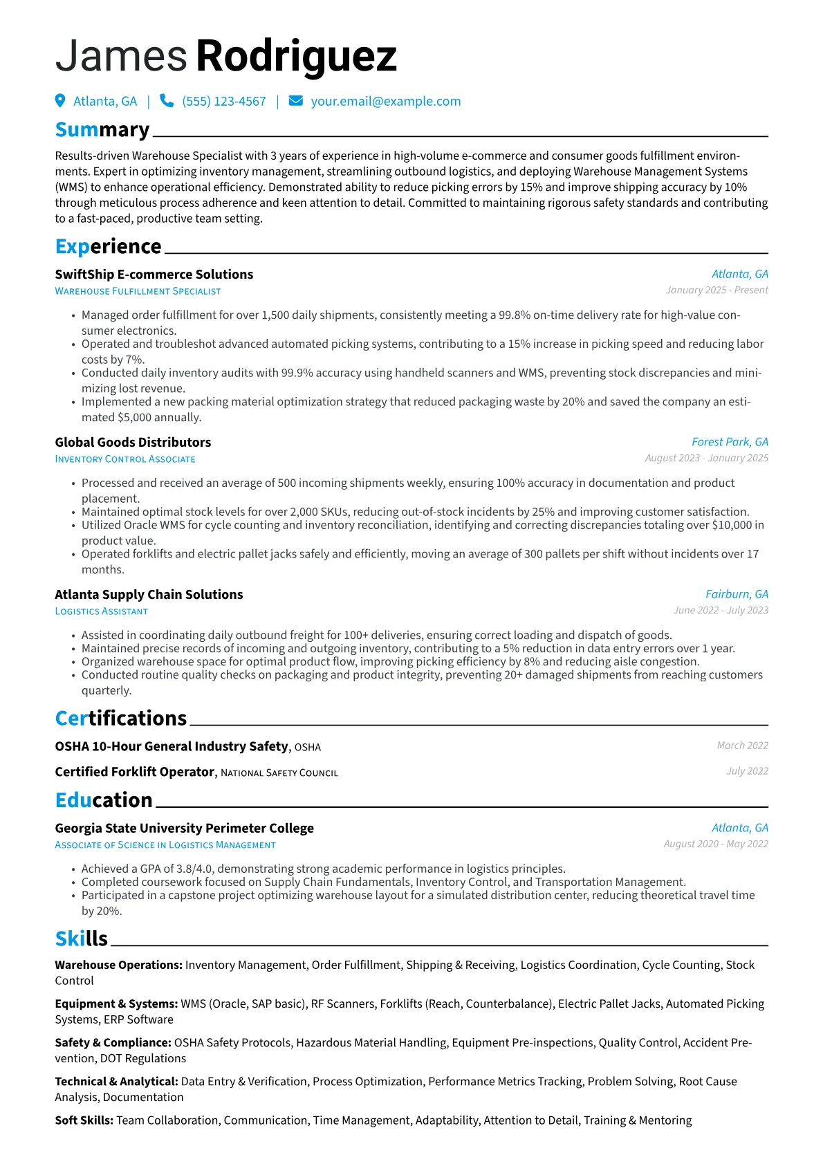 Warehouse Specialist resume example, Warehouse Specialist, page 1
