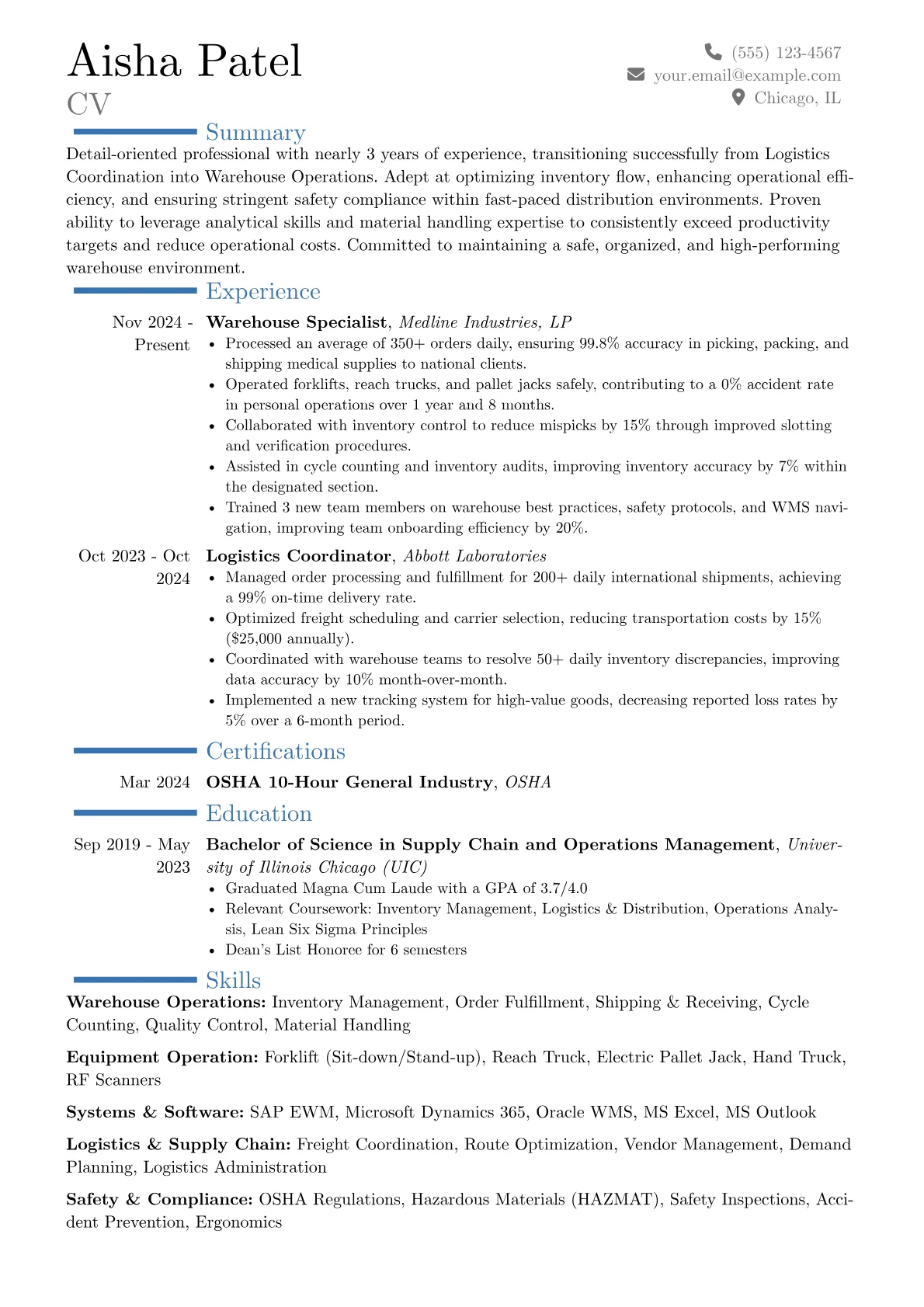 Warehouse Specialist resume example, Career changer, page 1